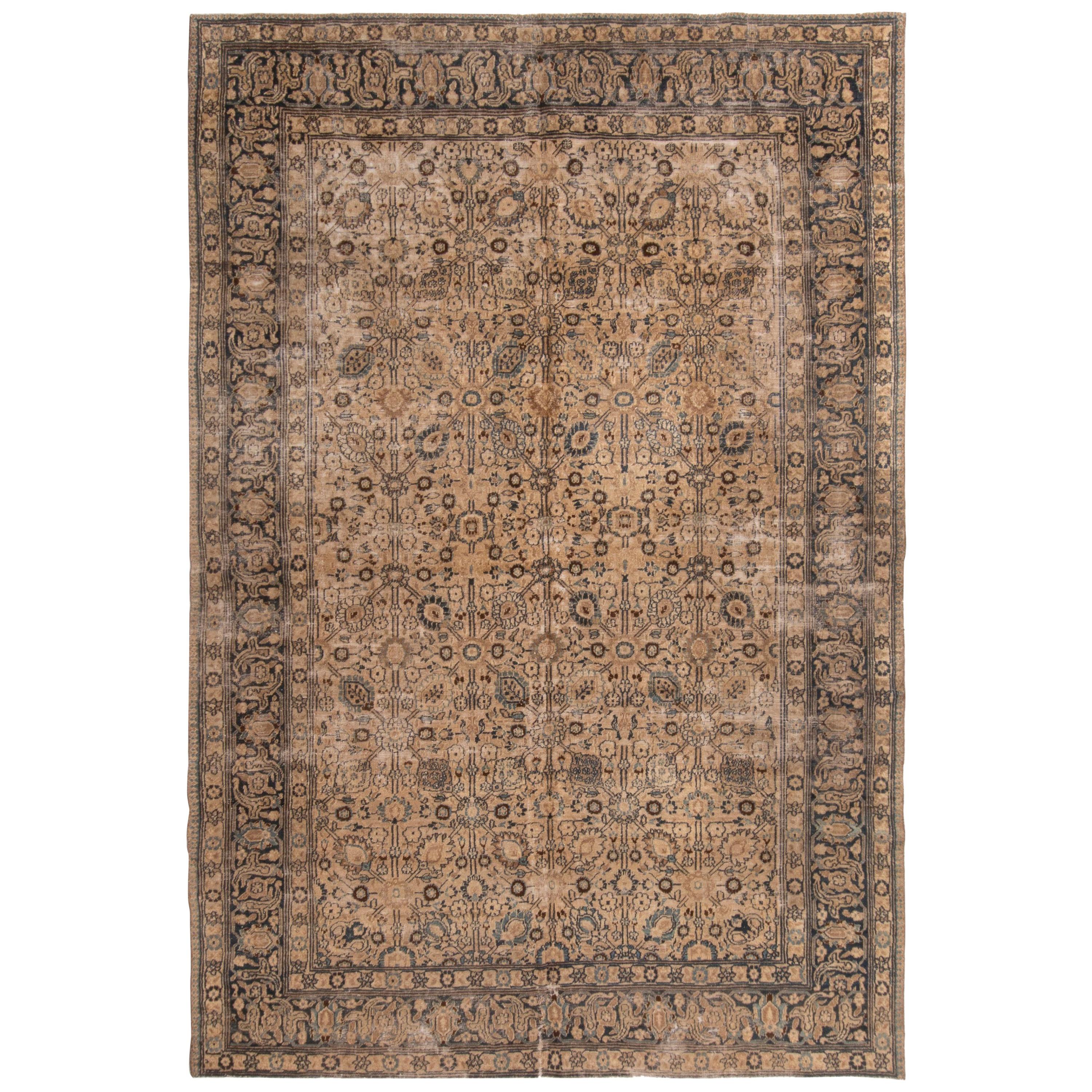 Antique Doroksh Brown and Blue Wool Rug with All-Over Floral Pattern