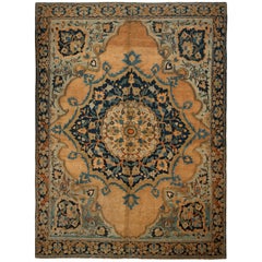 Antique Doroksh Geometric-Floral Yellow and Blue Wool Persian Rug