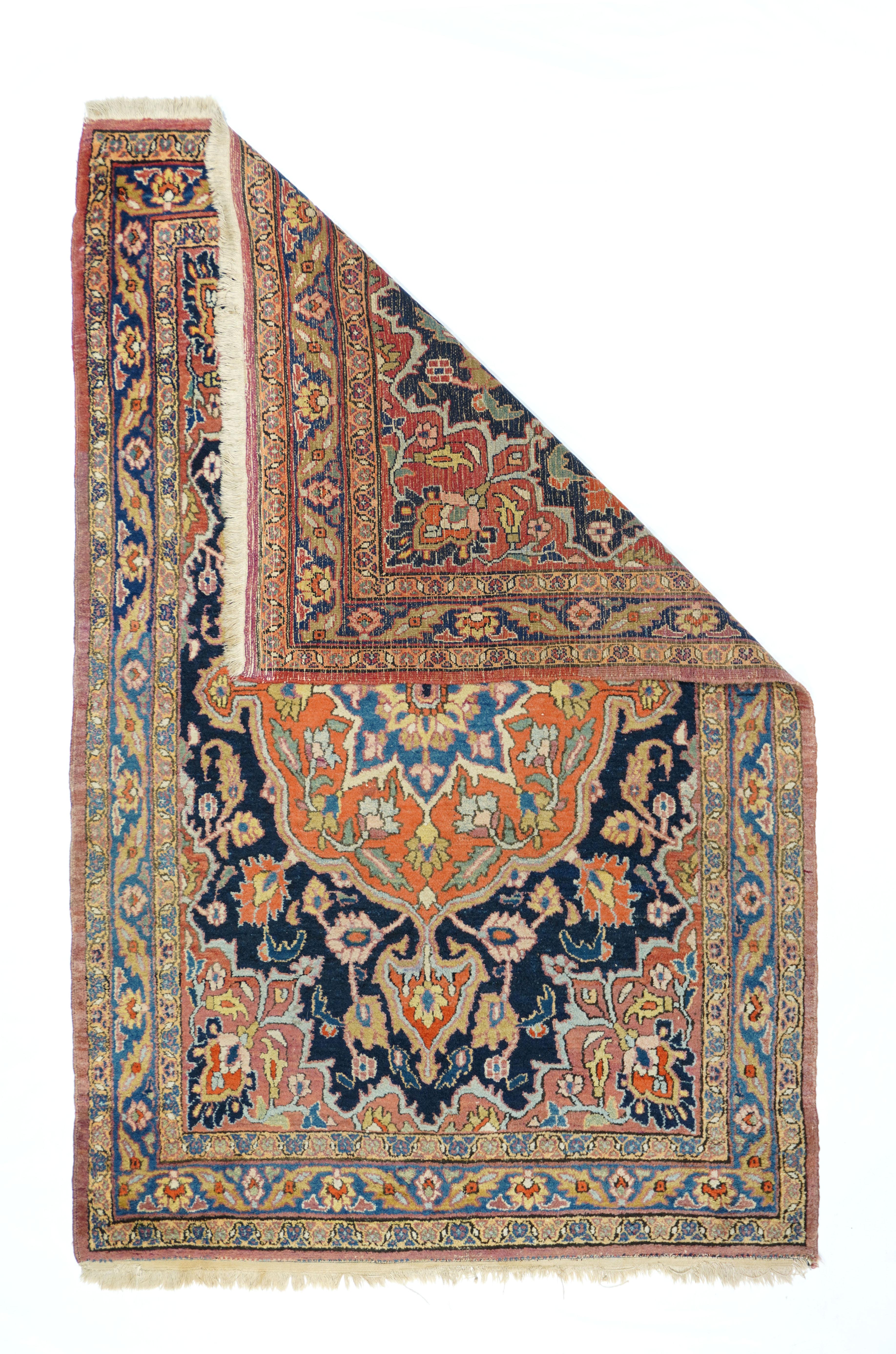 Antique Doroksh rug 4' x 6'2''. Dorokhsh is a town in the Qainat area of Khorassan province near Mashad in ne Persia and is known for its finely woven rugs, primarily scatters, with a pungent, natural rust-orange. Here the large broadly scalloped