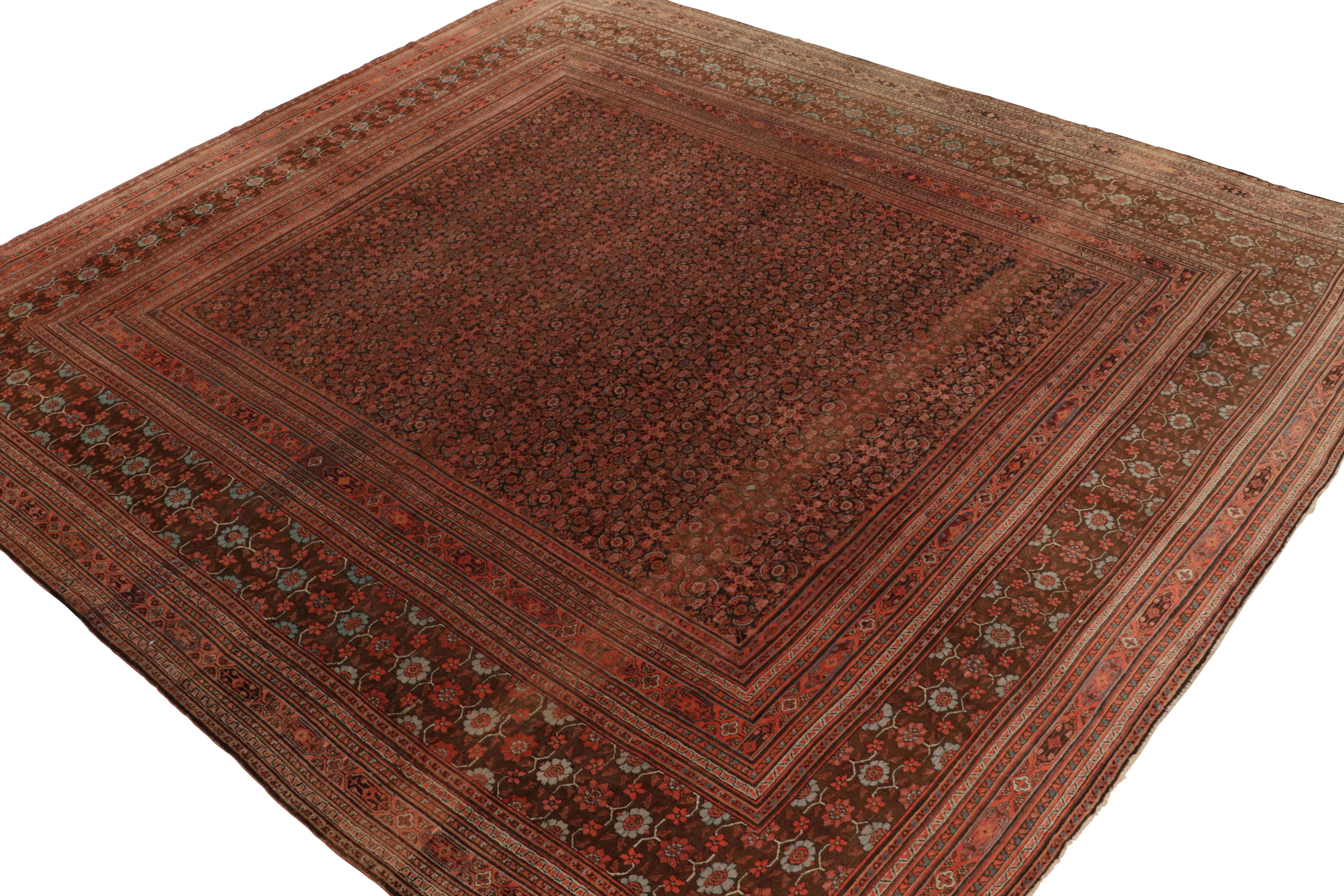 Persian Antique Doroksh Rug in Red Brown & Blue Herati Floral Pattern by Rug Kilim For Sale