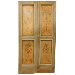 Antica porta doppia in legno giallo beige con dipinti, '700 Italia