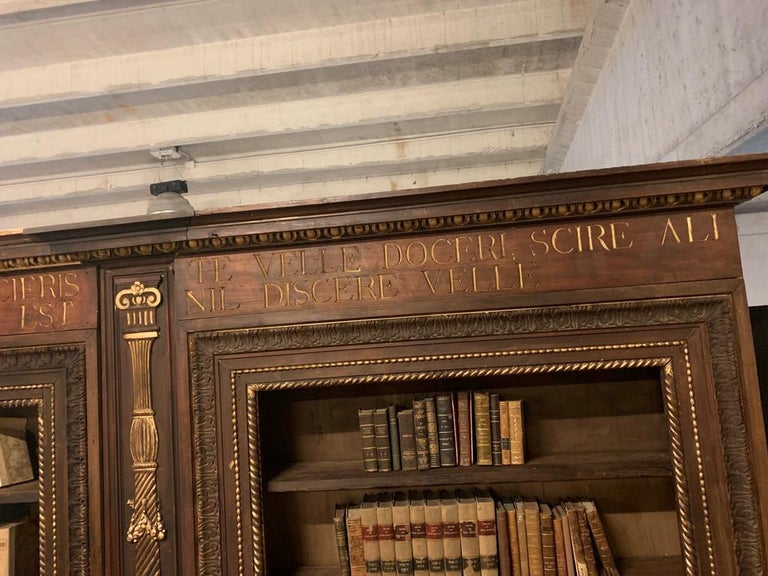 Antique Double Bookcase in Carved Walnut, Golden Latin Writing, Late