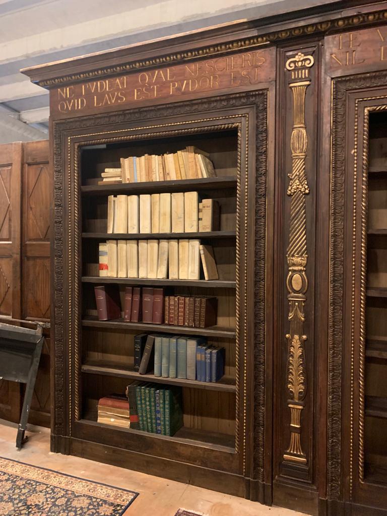 Antique Double Bookcase in Carved Walnut, Golden Latin Writing, Late