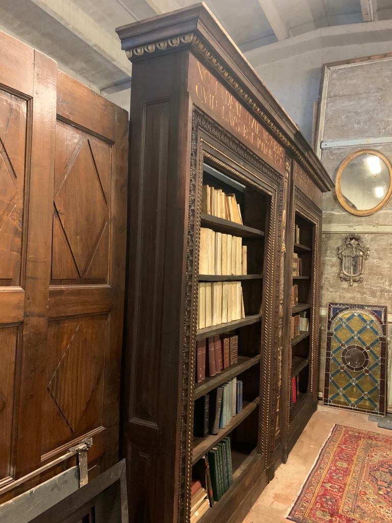 Antique Double Bookcase in Carved Walnut, Golden Latin Writing, Late