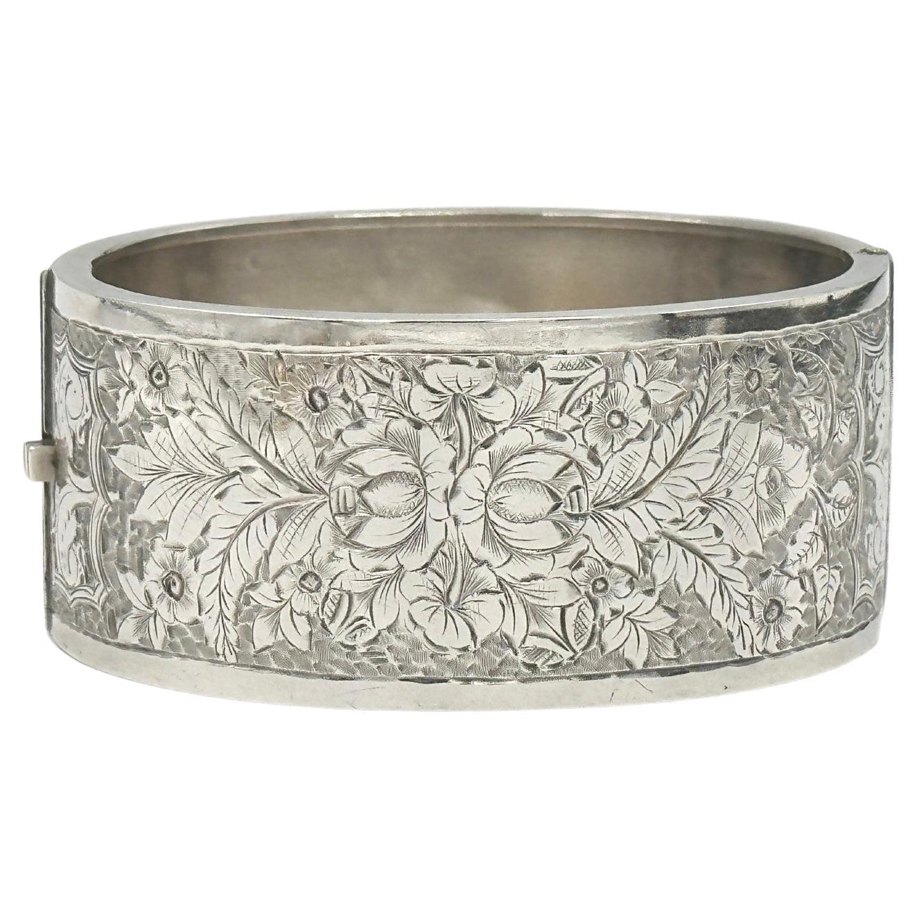 Antique Double Center Floral Victorian Silver Bangle Cuff Bracelet  For Sale