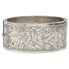 Antique Double Center Floral Victorian Silver Bangle Cuff Bracelet 
