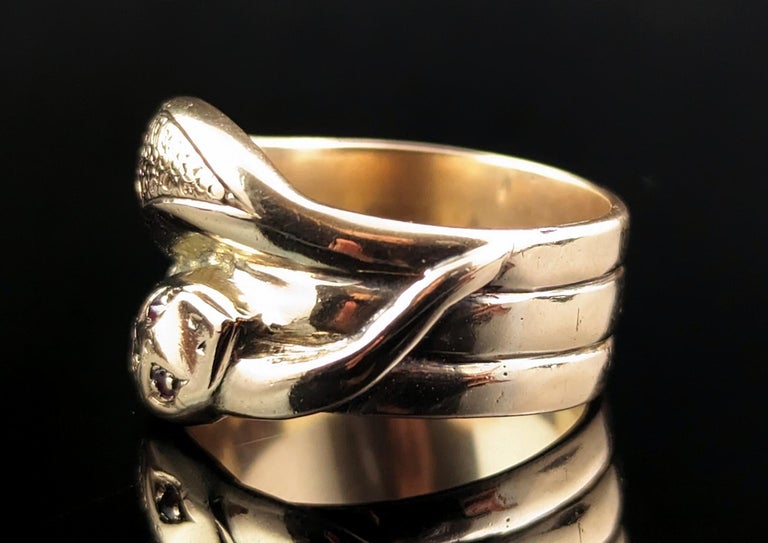 Antique Double Coiled Snake Ring, 9k Gold, Heavy, Ruby Eyes at 1stDibs