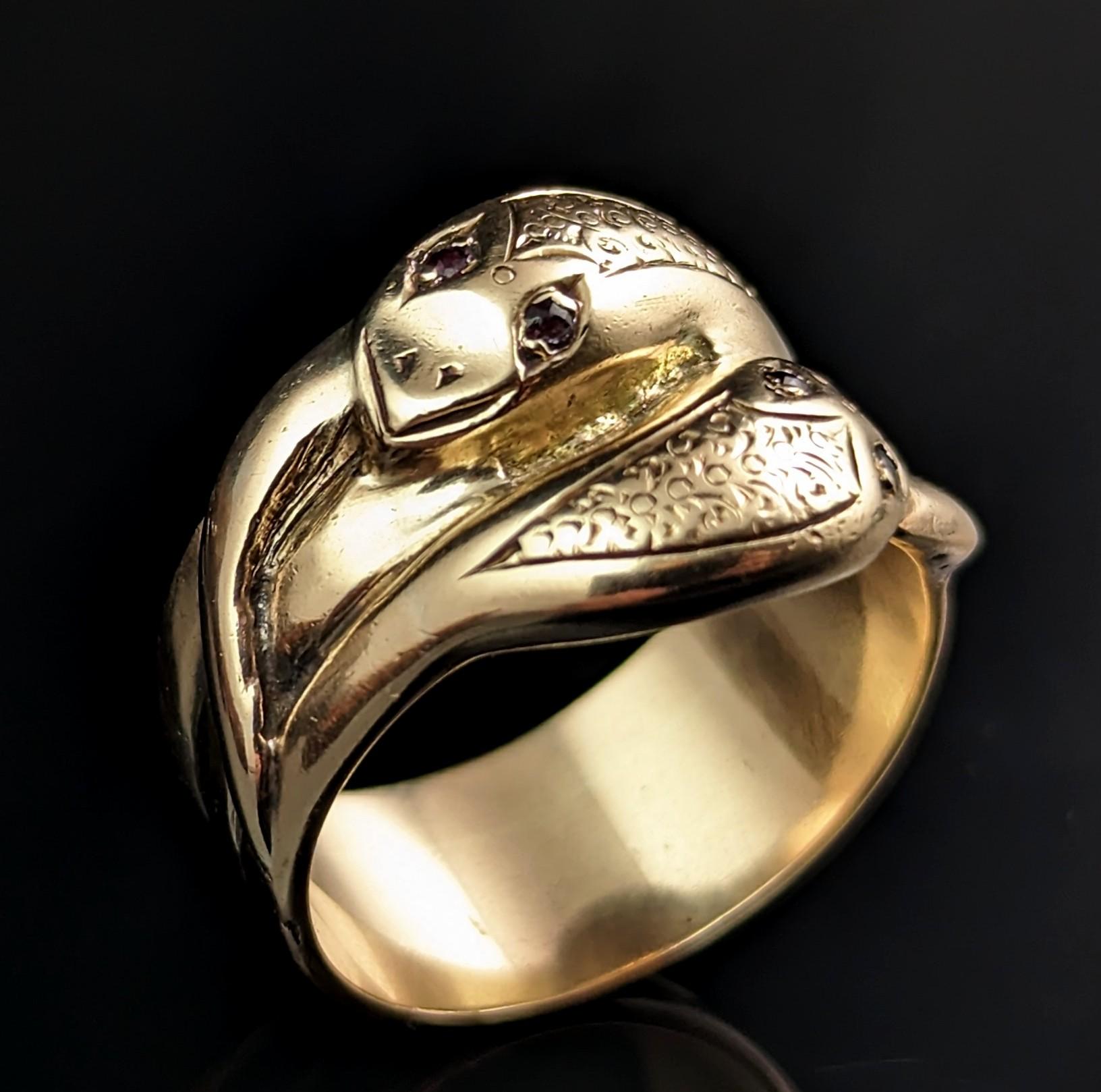 Rose Cut Antique Double Coiled Snake Ring, 9k Gold, Heavy, Ruby Eyes