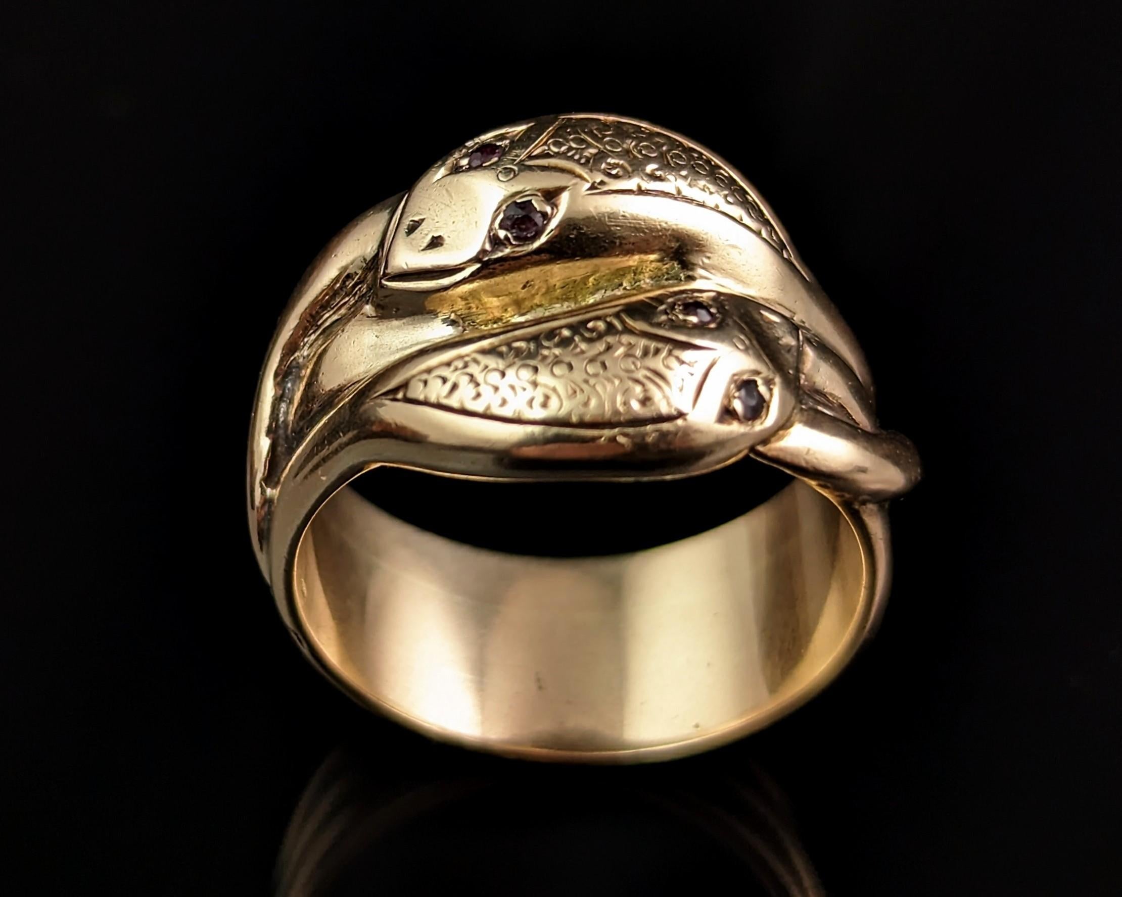 Antique Double Coiled Snake Ring, 9k Gold, Heavy, Ruby Eyes In Good Condition In NEWARK, GB