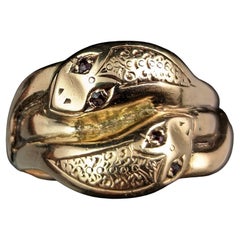 Antique Double Coiled Snake Ring, 9k Gold, Heavy, Ruby Eyes