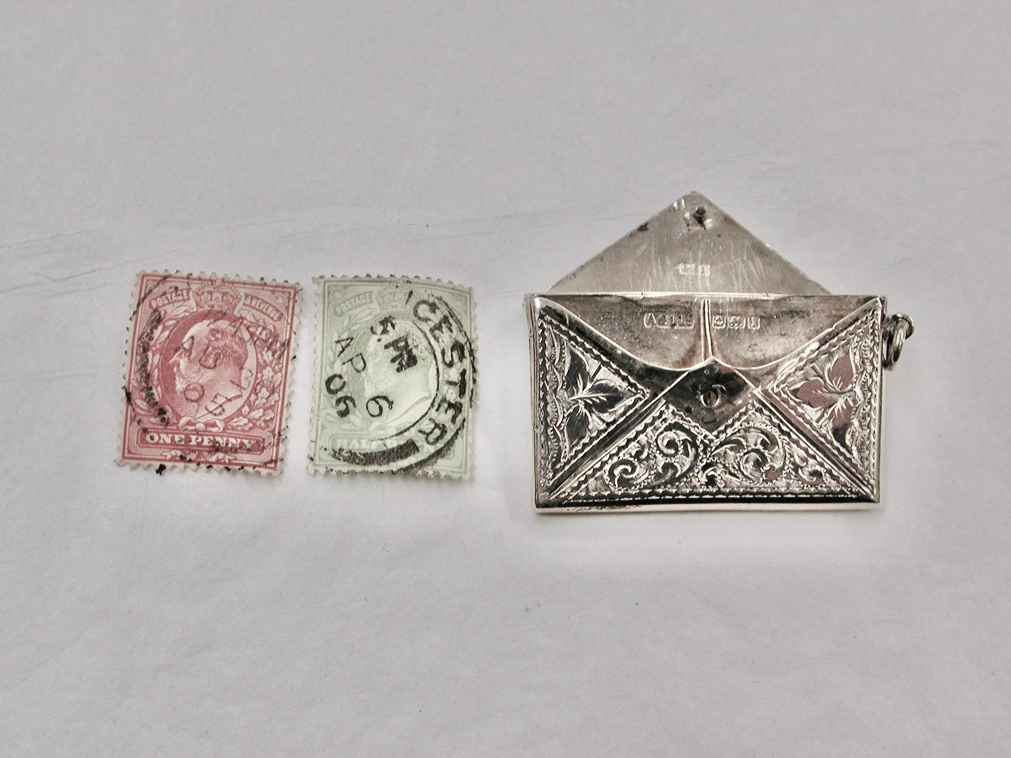 Antiguo estuche para sellos con forma de carta de doble compartimento 1908 Adie & Lovekin B'ham principios del siglo XX