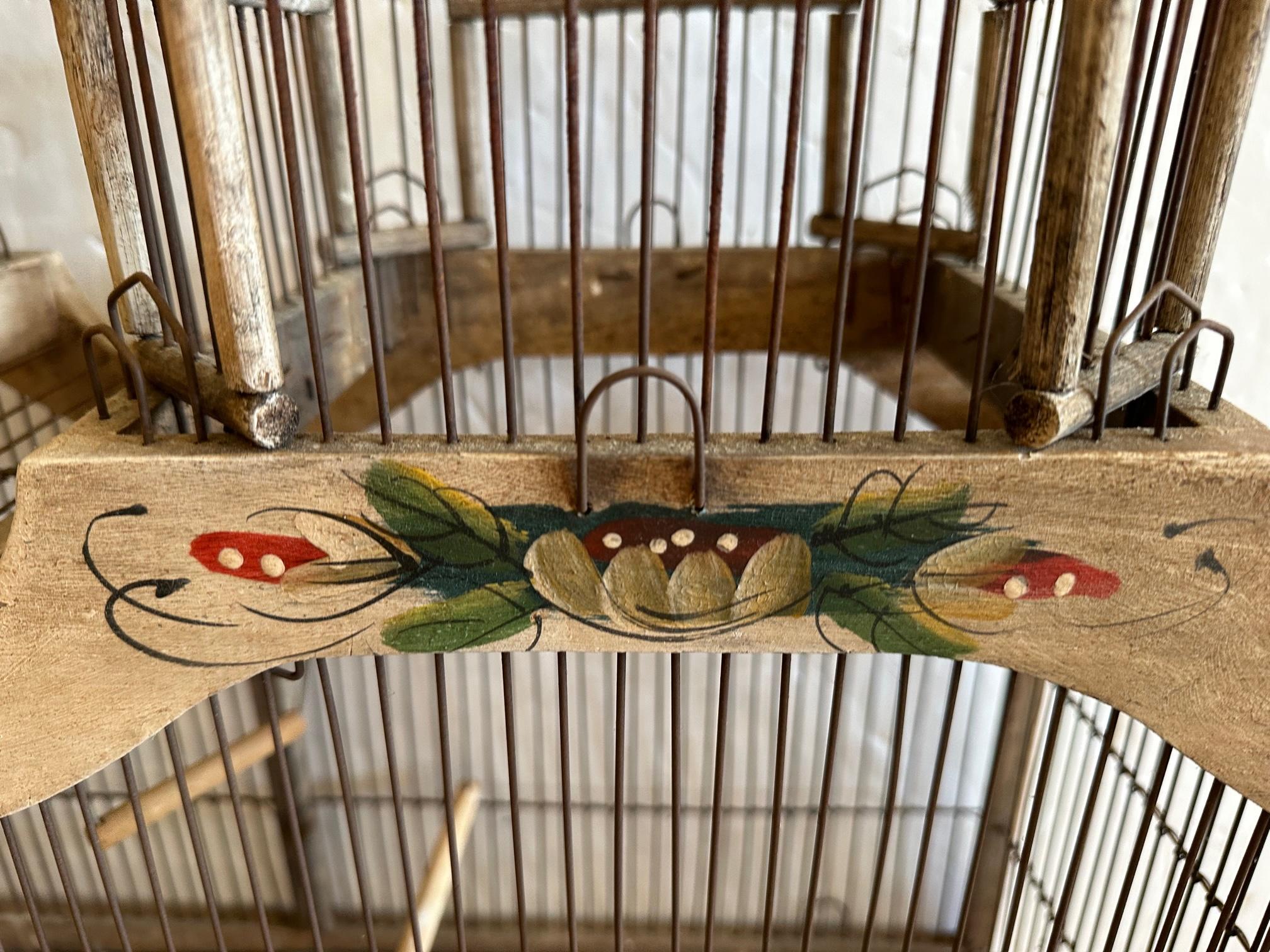 Antique Double Domed Hand Painted Bird Cage In Good Condition In Hopewell, NJ