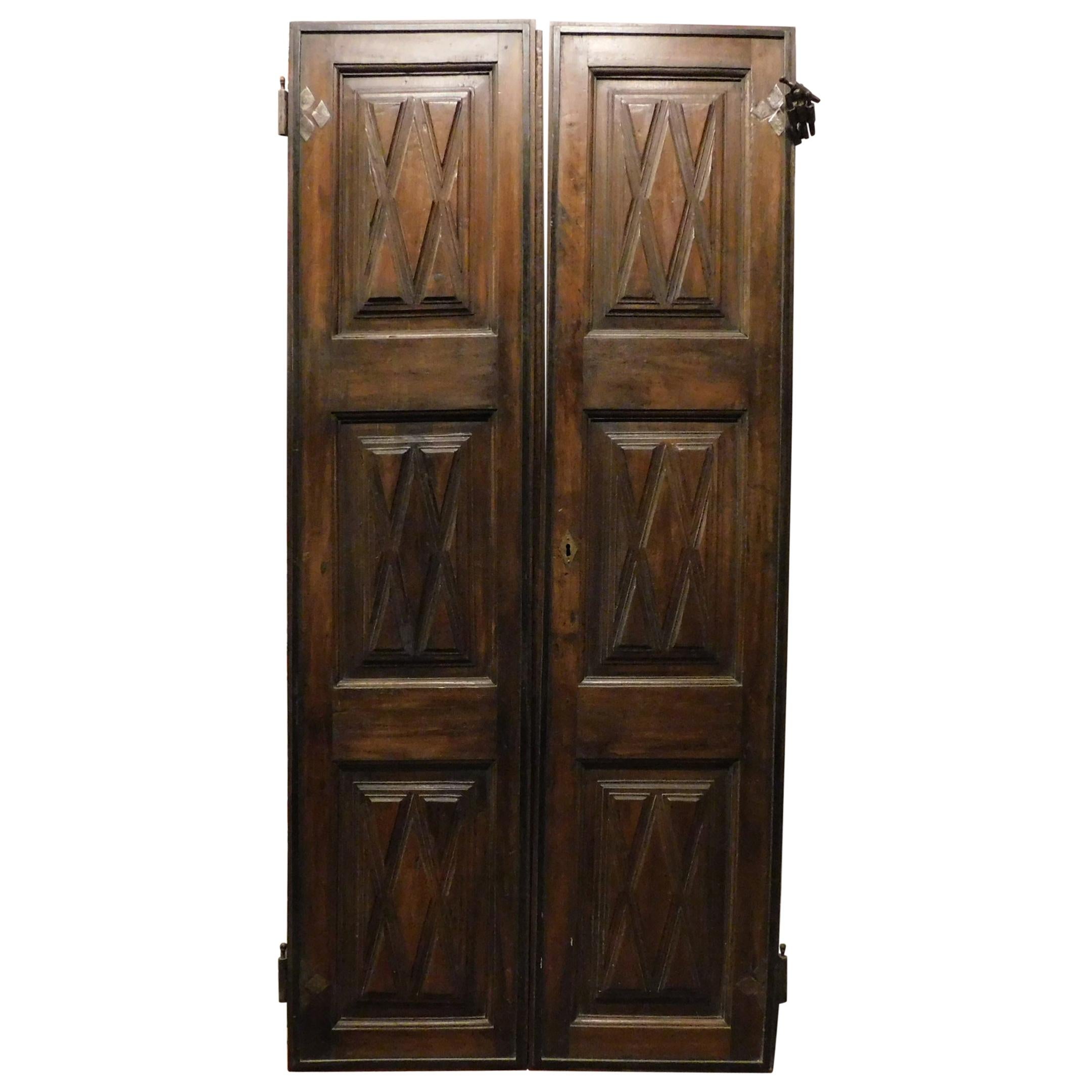 Antique Double Door in Brown Walnut, Cross-Carved Panels, Original Iron, 1600