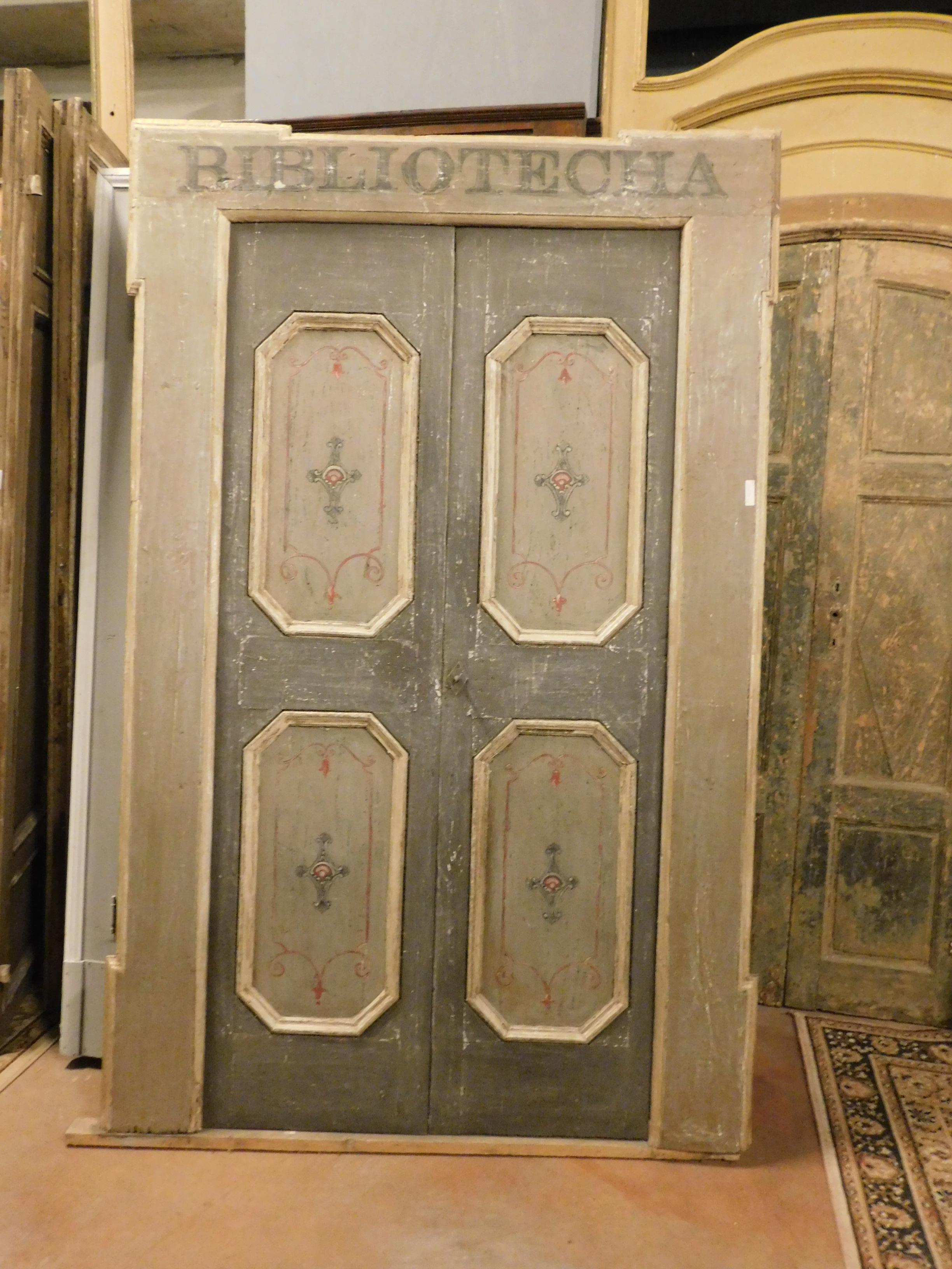 Italian Antique Double Door of the Library, Gray Lacquered Original Frame, '700, Italy