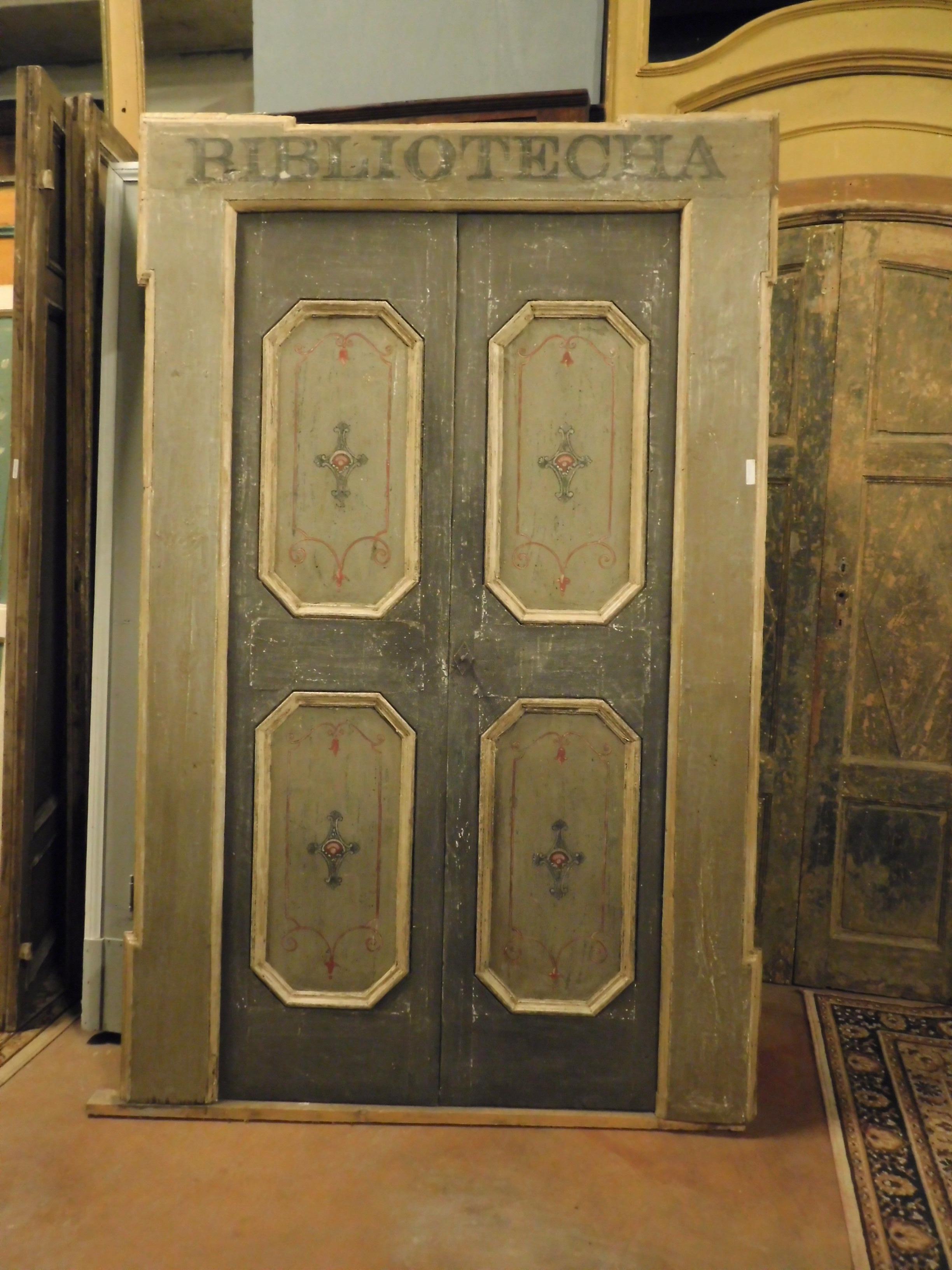 Hand-Painted Antique Double Door of the Library, Gray Lacquered Original Frame, '700, Italy