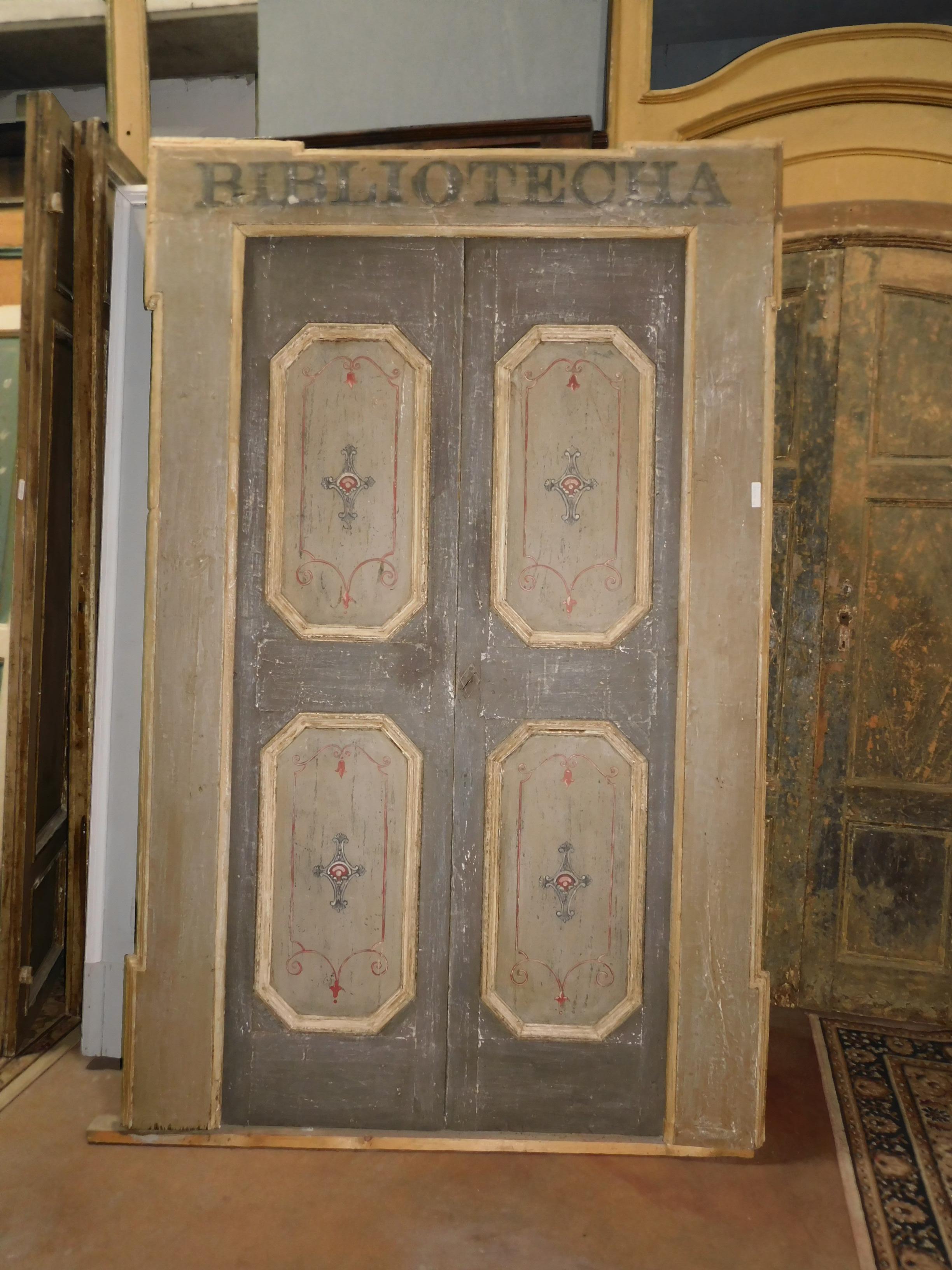 Antique Double Door of the Library, Gray Lacquered Original Frame, '700, Italy In Good Condition In Cuneo, Italy (CN)