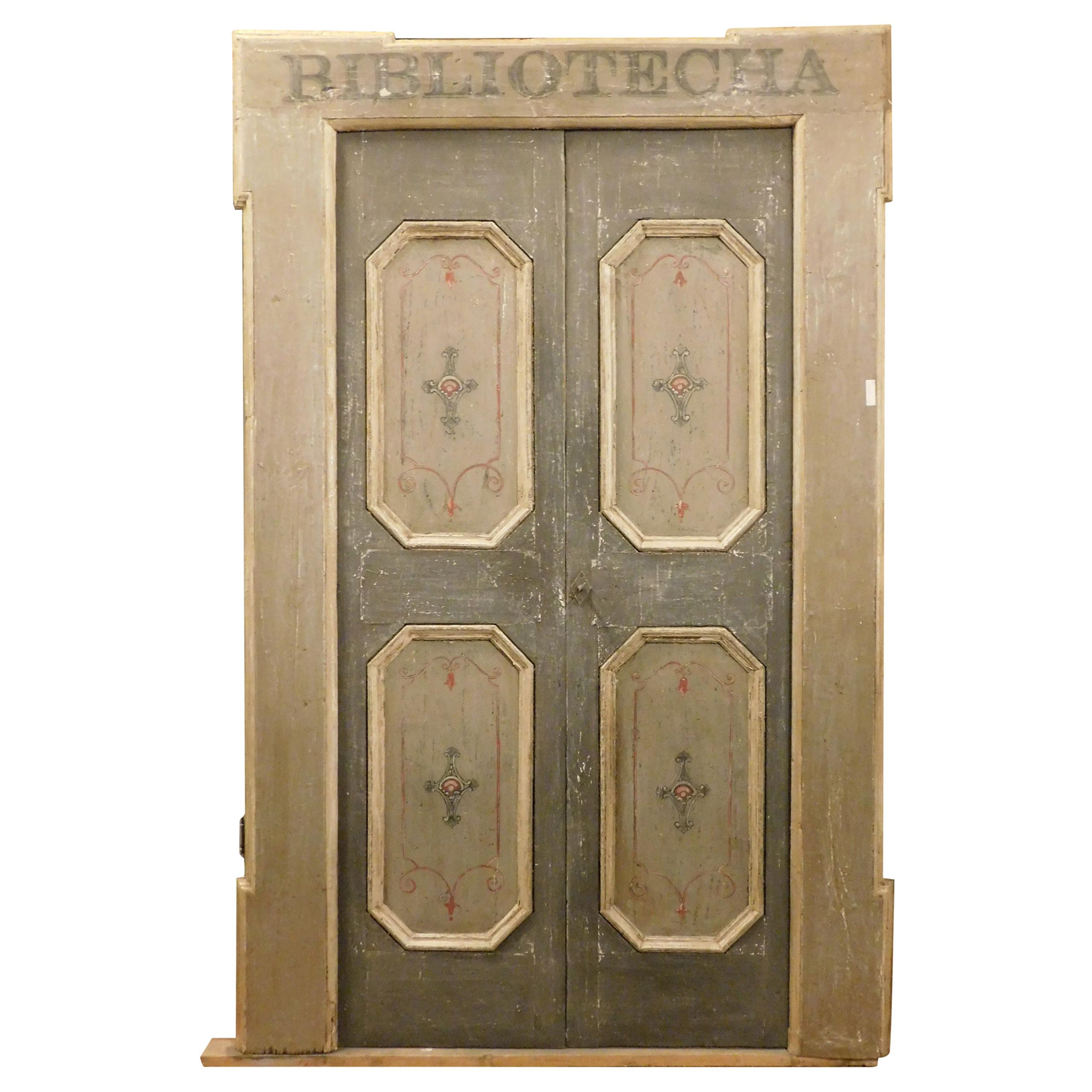 Antique Double Door of the Library, Gray Lacquered Original Frame, '700, Italy