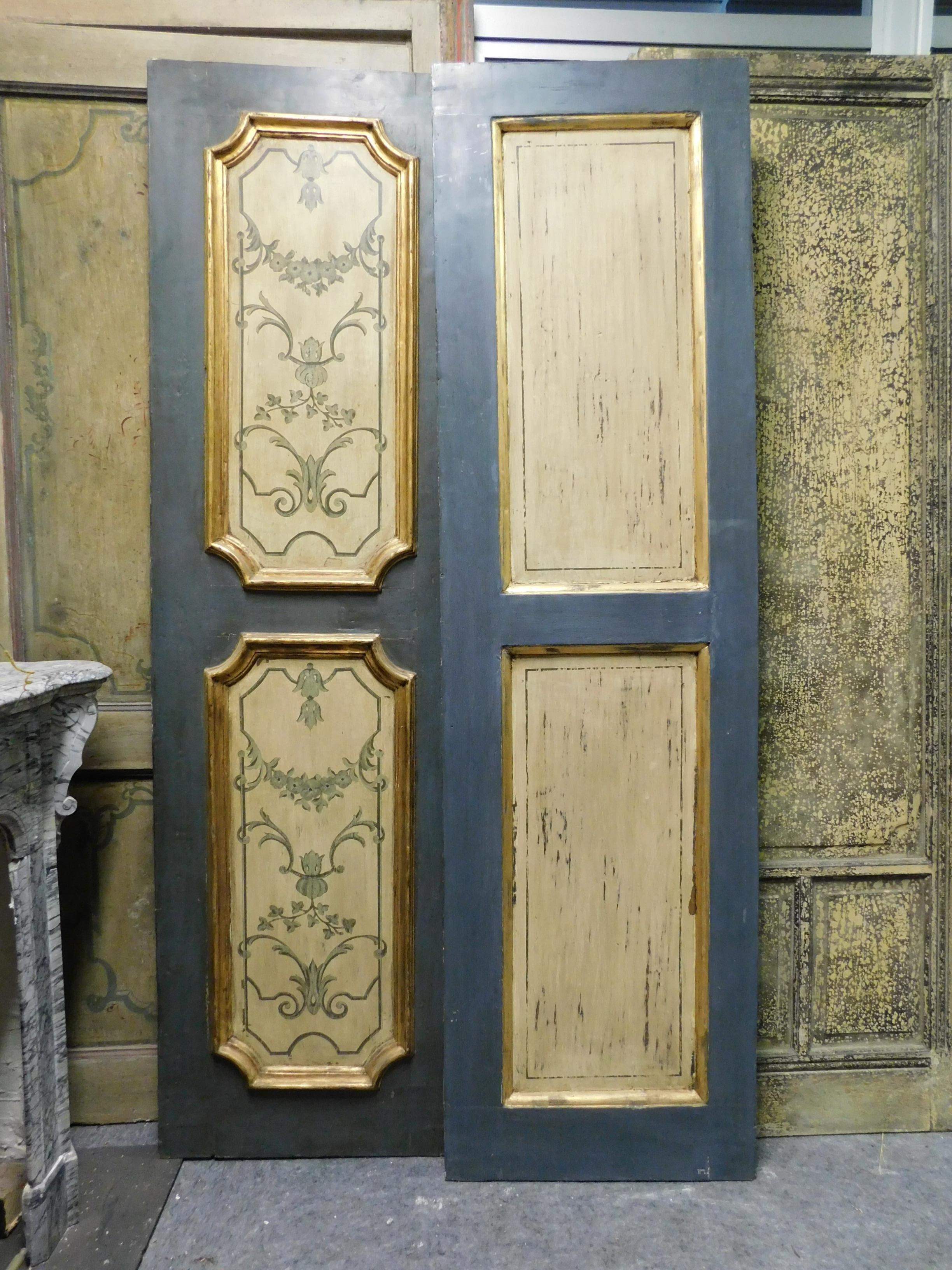 Hand-Painted Antique Double Door, Painted and Gilded Panels, 18th Century, Italy 'Milan' For Sale