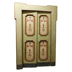 Porte double ancienne peinte sur fond vert, cadre d'origine, 1700 Italie