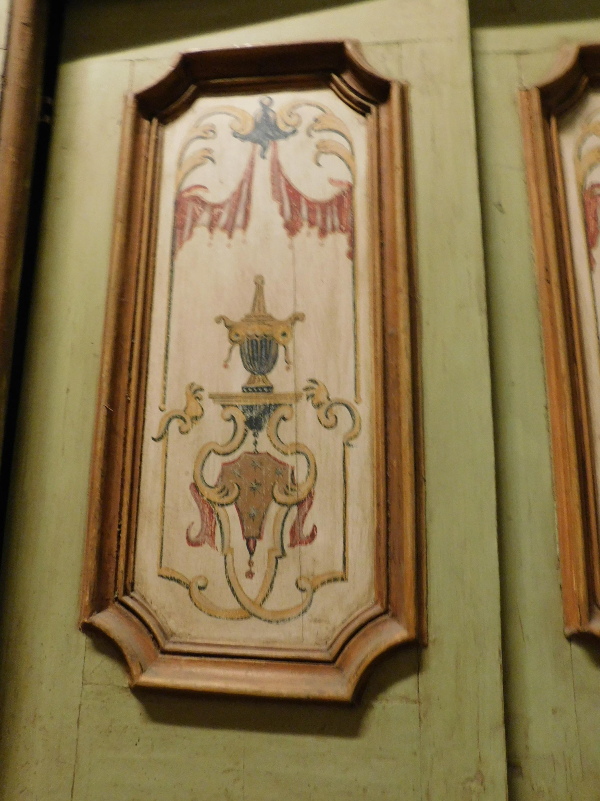 Ancient hand painted door decorations on a lacquered green background, with original patina frame, built in the eighteenth century, for a noble palace in central Italy.
Already restored and ready for installation, beautiful, with great presence and