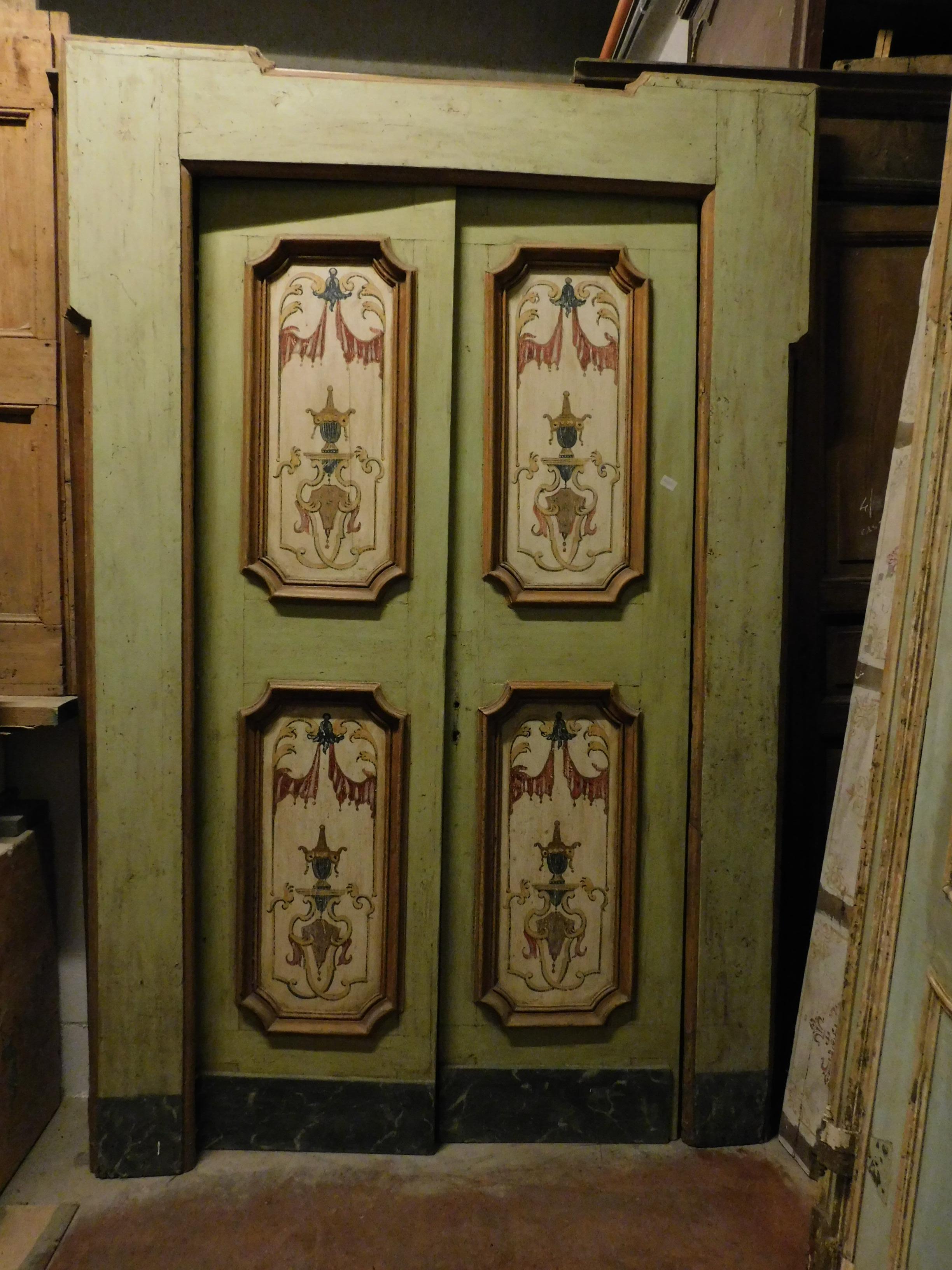 Italian Antique Double Door Painted on a Green Background, Original Frame, 1700 Italy For Sale