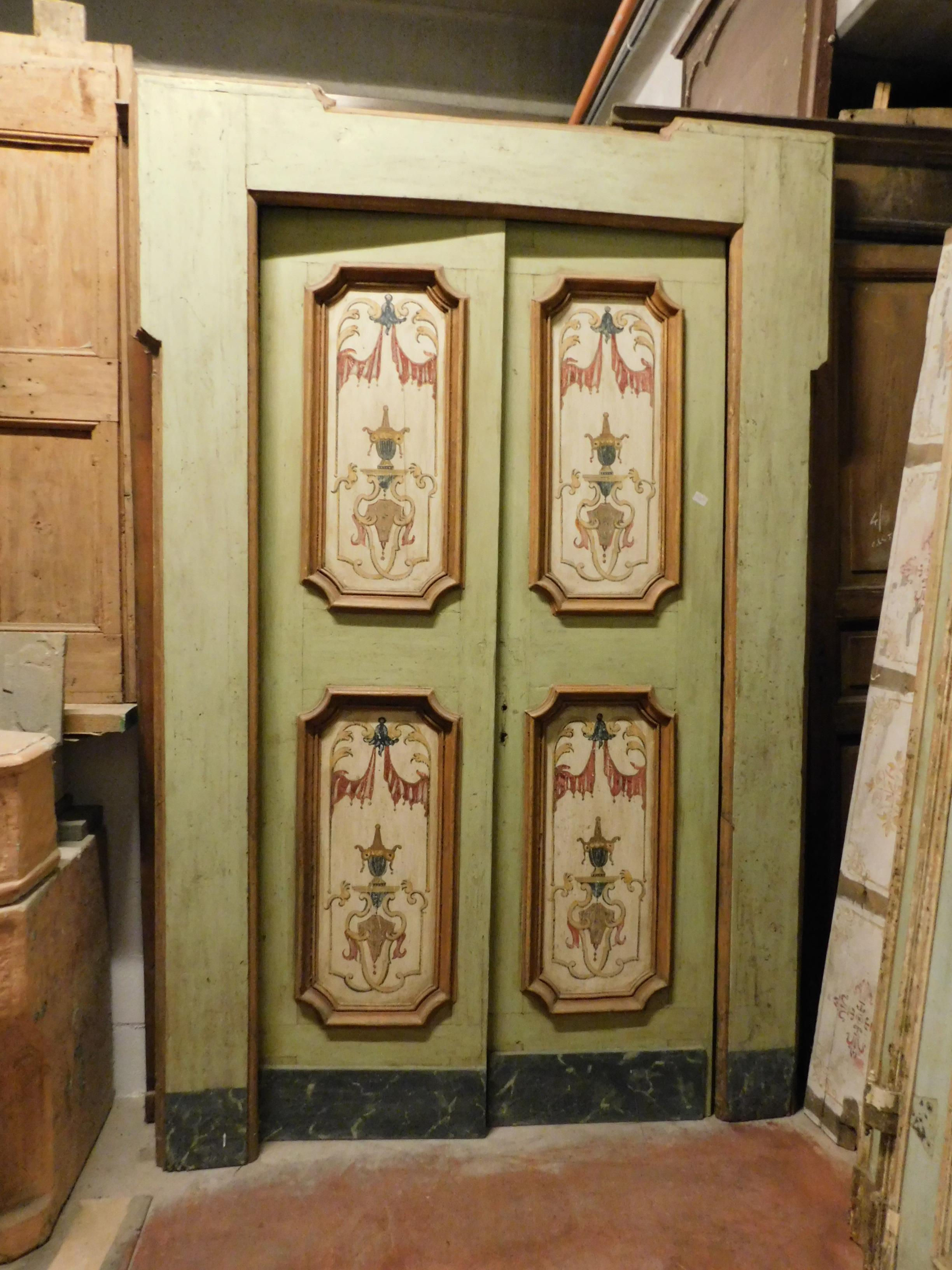 Wood Antique Double Door Painted on a Green Background, Original Frame, 1700 Italy For Sale