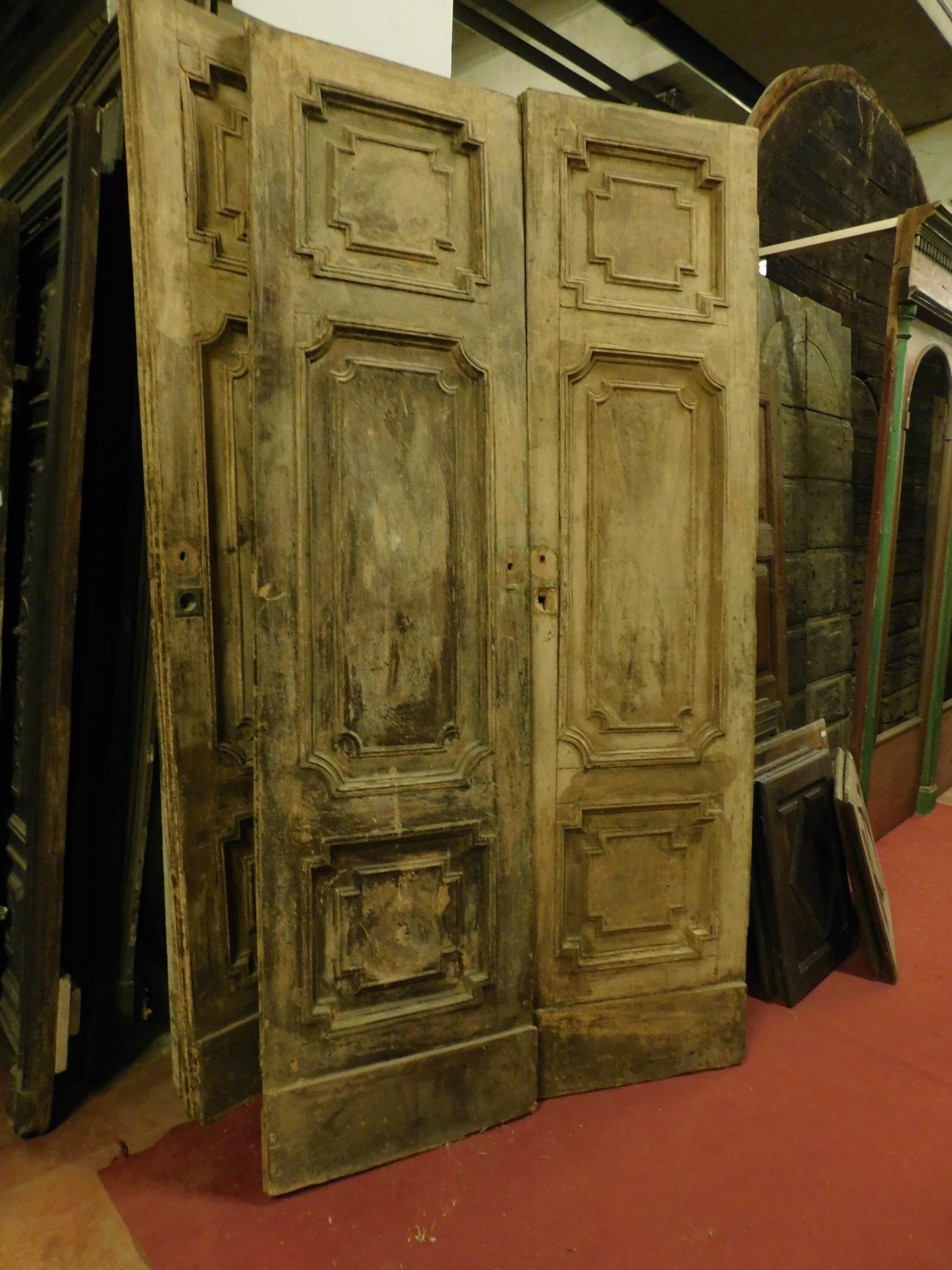 Italian Antique Double Doors in Light Fir Wood, Sculpted Style Louis XVI, 1700, Italy