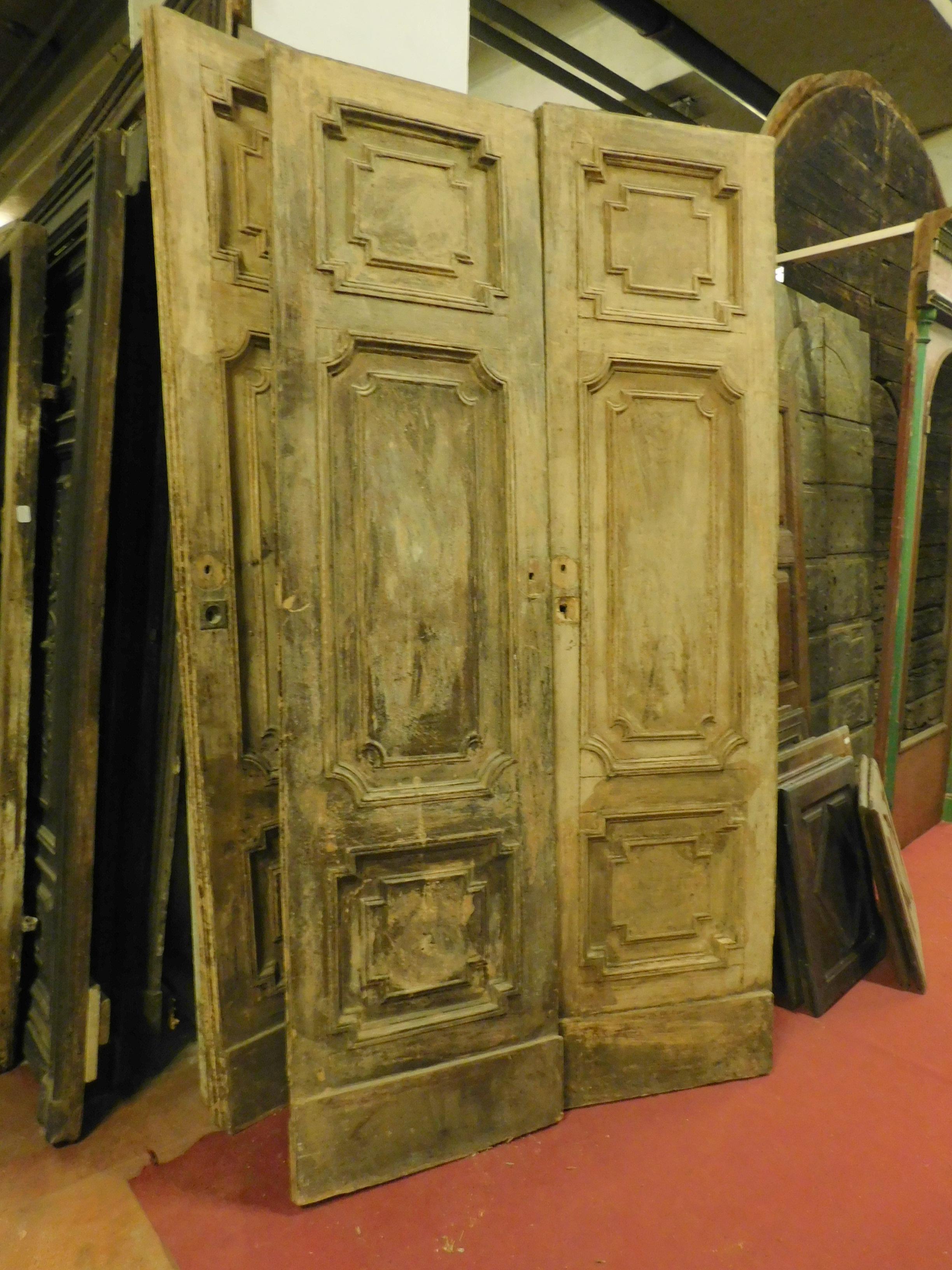 Hand-Carved Antique Double Doors in Light Fir Wood, Sculpted Style Louis XVI, 1700, Italy