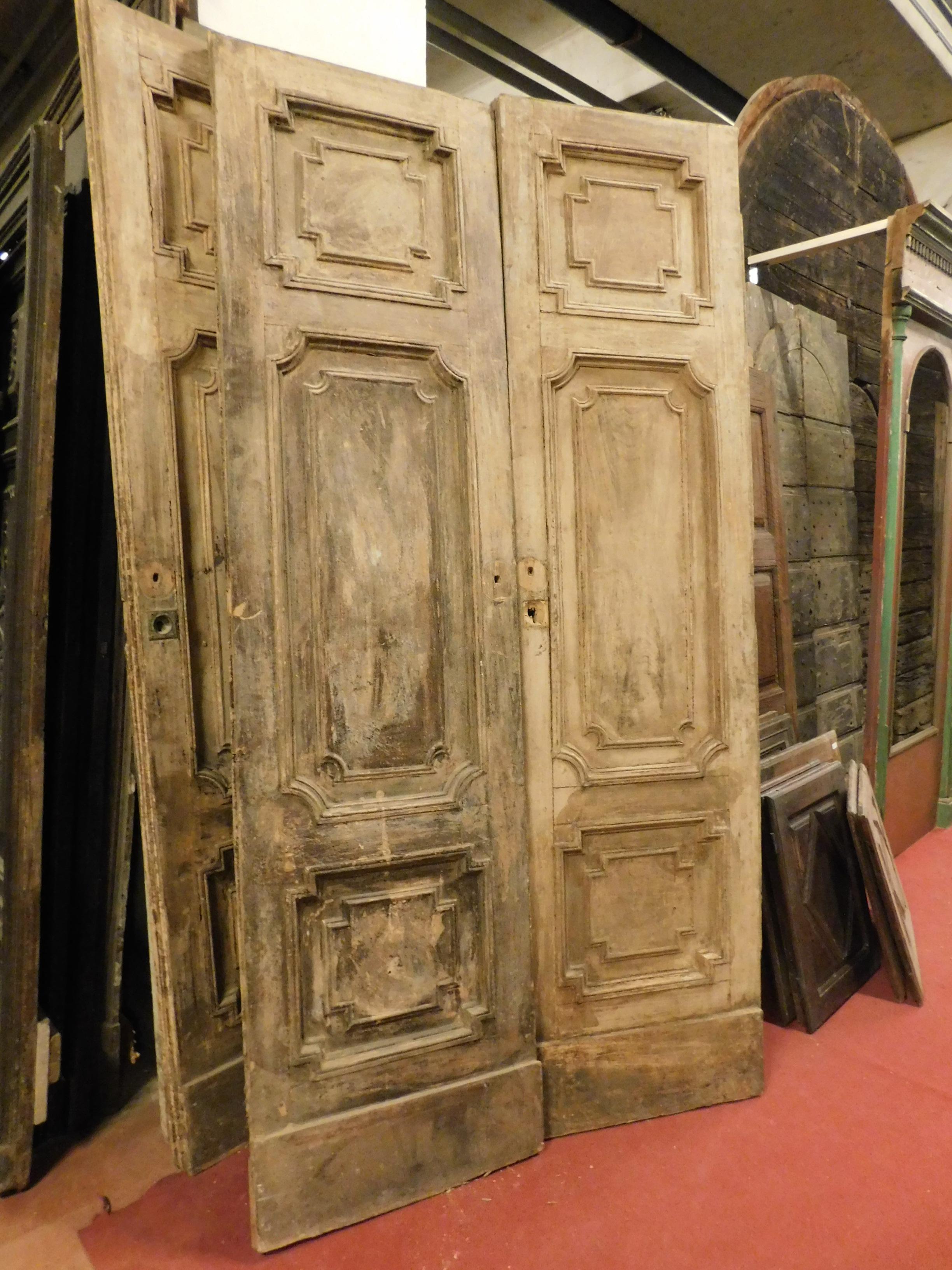 18th Century Antique Double Doors in Light Fir Wood, Sculpted Style Louis XVI, 1700, Italy