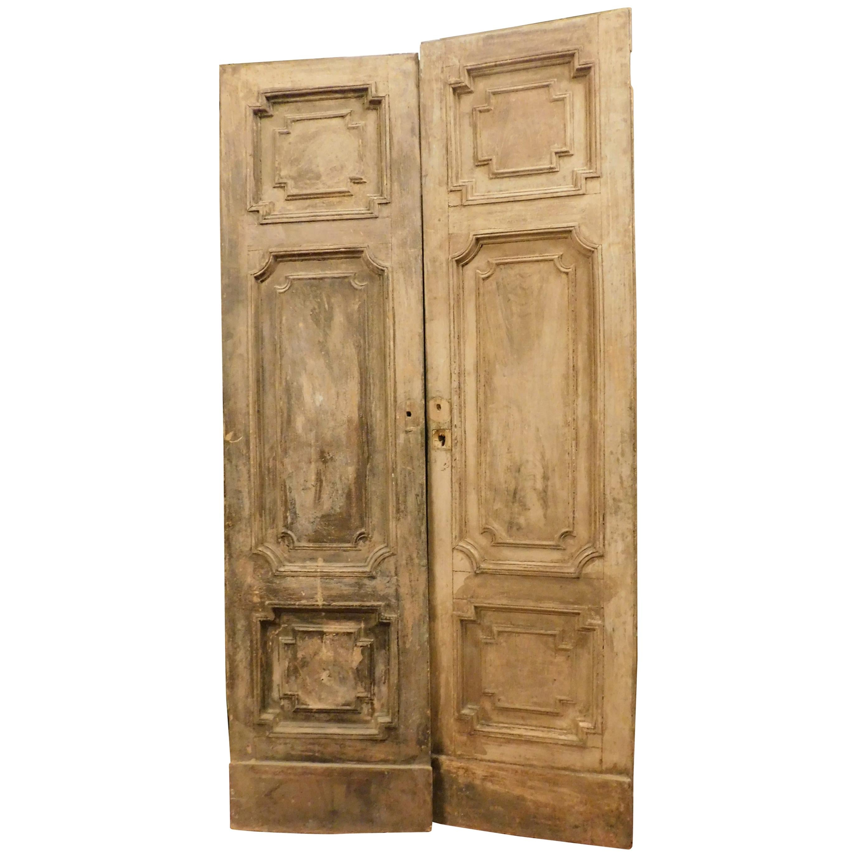 Antique Double Doors in Light Fir Wood, Sculpted Style Louis XVI, 1700, Italy