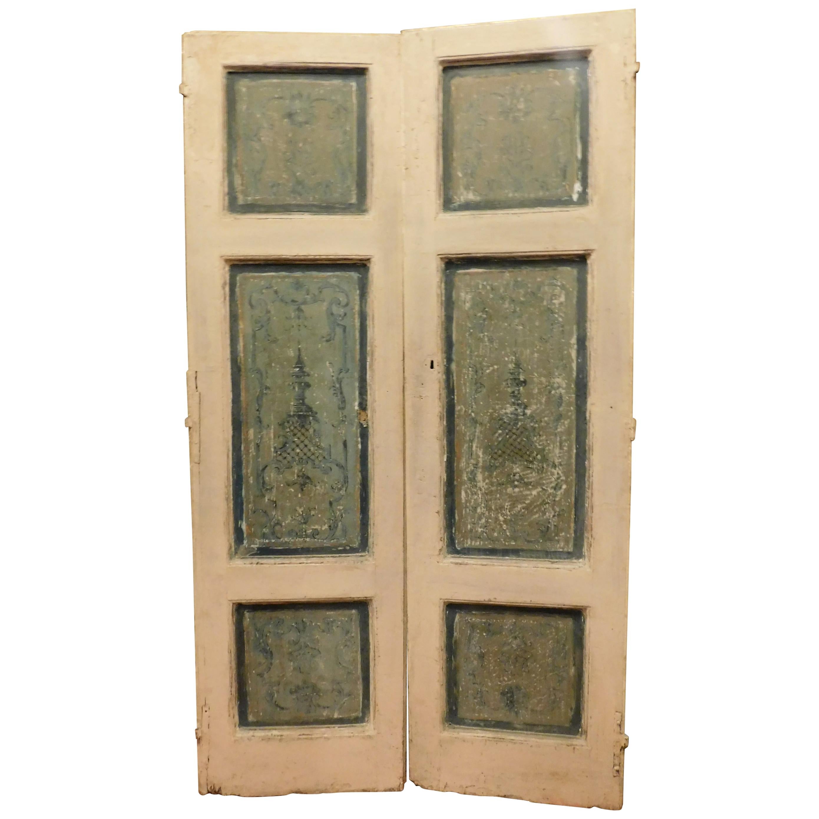 Antique Double Doors in White and Blue Lacquered Wood, 1700, Italy