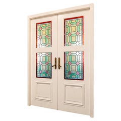 Antique Double Doors with Art Nouveau Stained Glass and Brass Handles