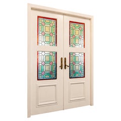 Antique Double Doors with Art Nouveau Stained Glass and Brass Handles