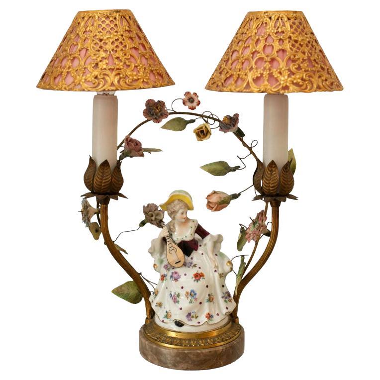 Antique Double French Lamp with Porcelain Flowers and Metal and Silk Shades For Sale