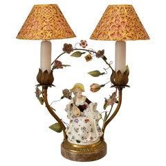 Antique Double French Lamp with Porcelain Flowers and Metal and Silk Shades