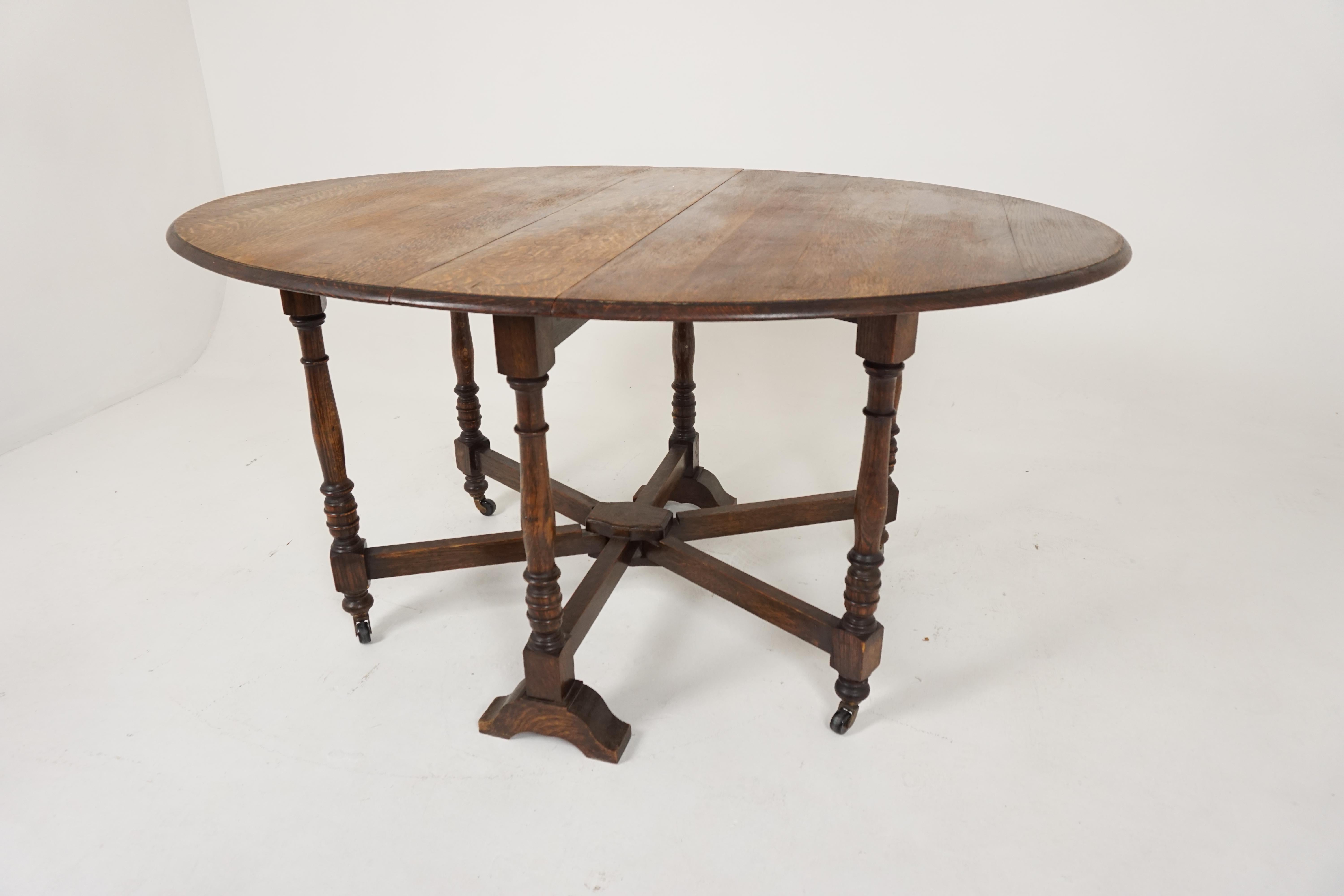 Scottish Antique Double Gateleg Table, Oak Drop Leaf Dining Table, Scotland 1920, B1880