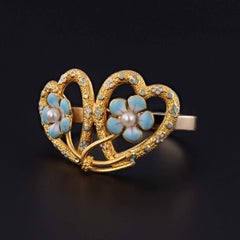 Antique Double Heart Forget-Me-Not Ring of 14k Gold