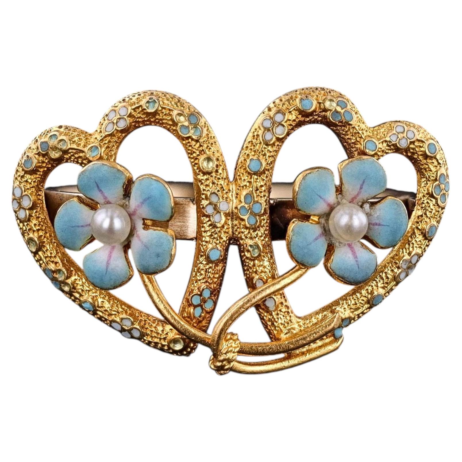 Bague ancienne en or 14k à double coeur et myosotis en vente