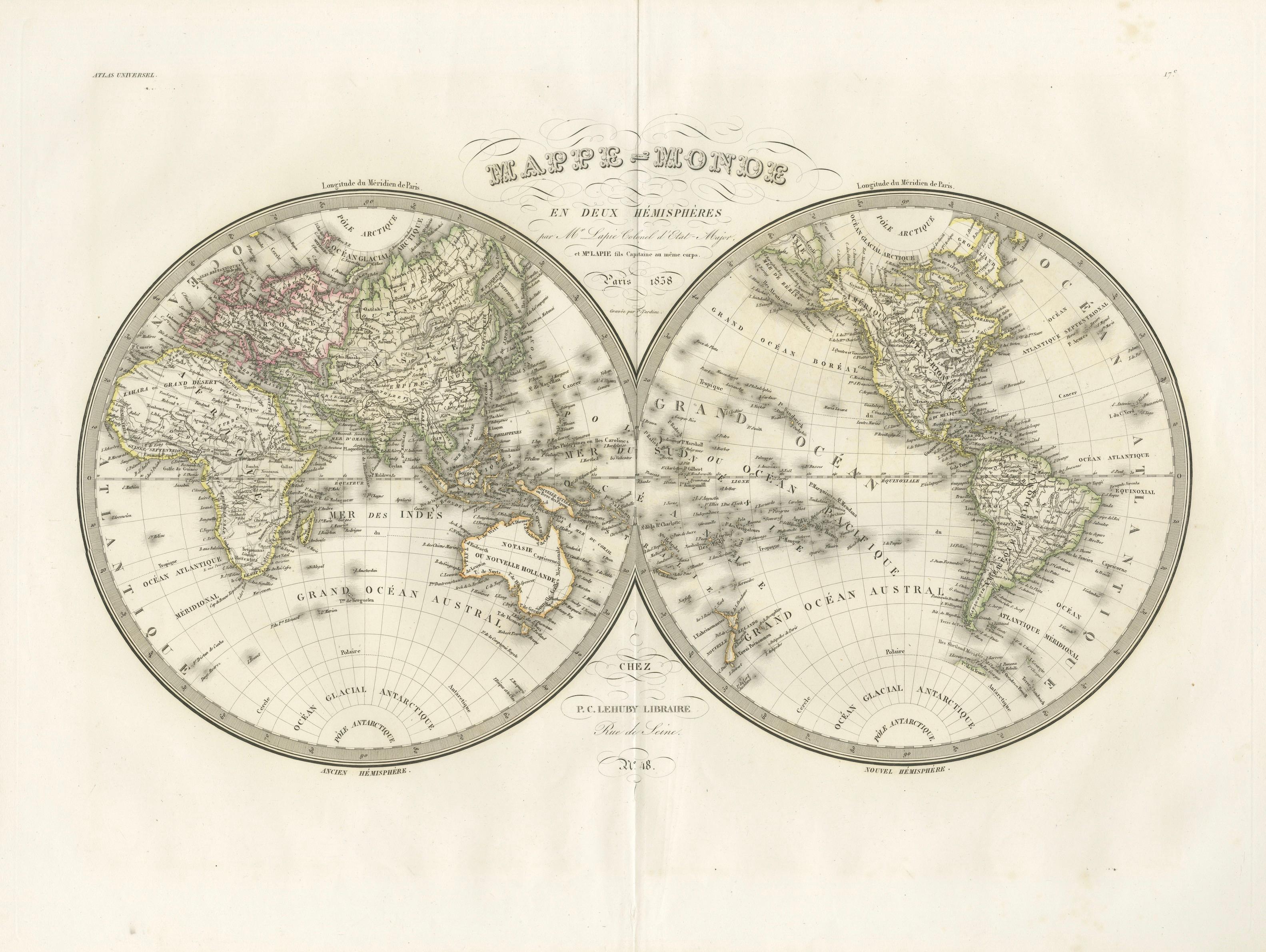 Antique Double Hemisphere World Map – Lapie, Paris, 1838