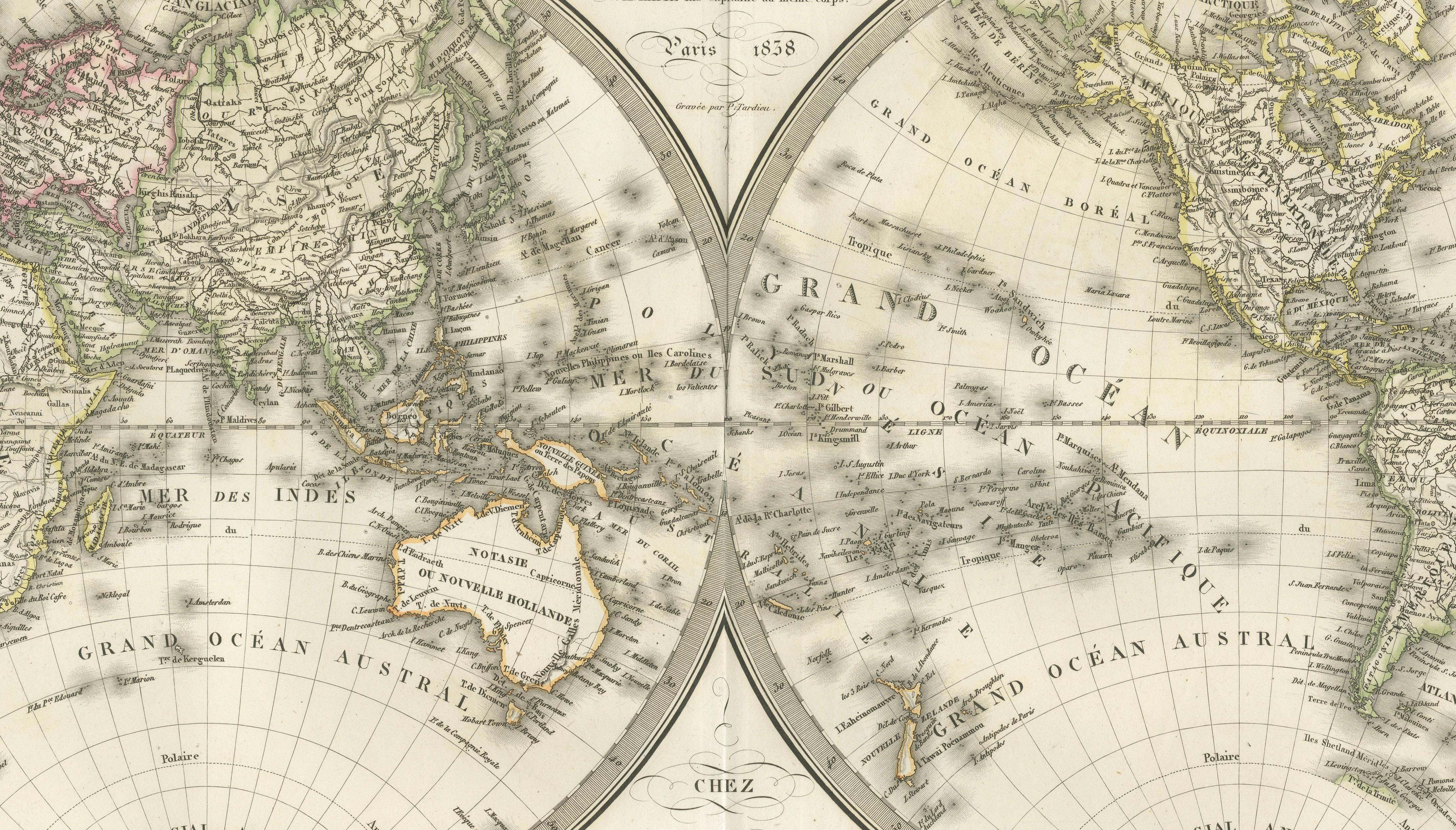 Antique Double Hemisphere World Map – Lapie, Paris, 1838