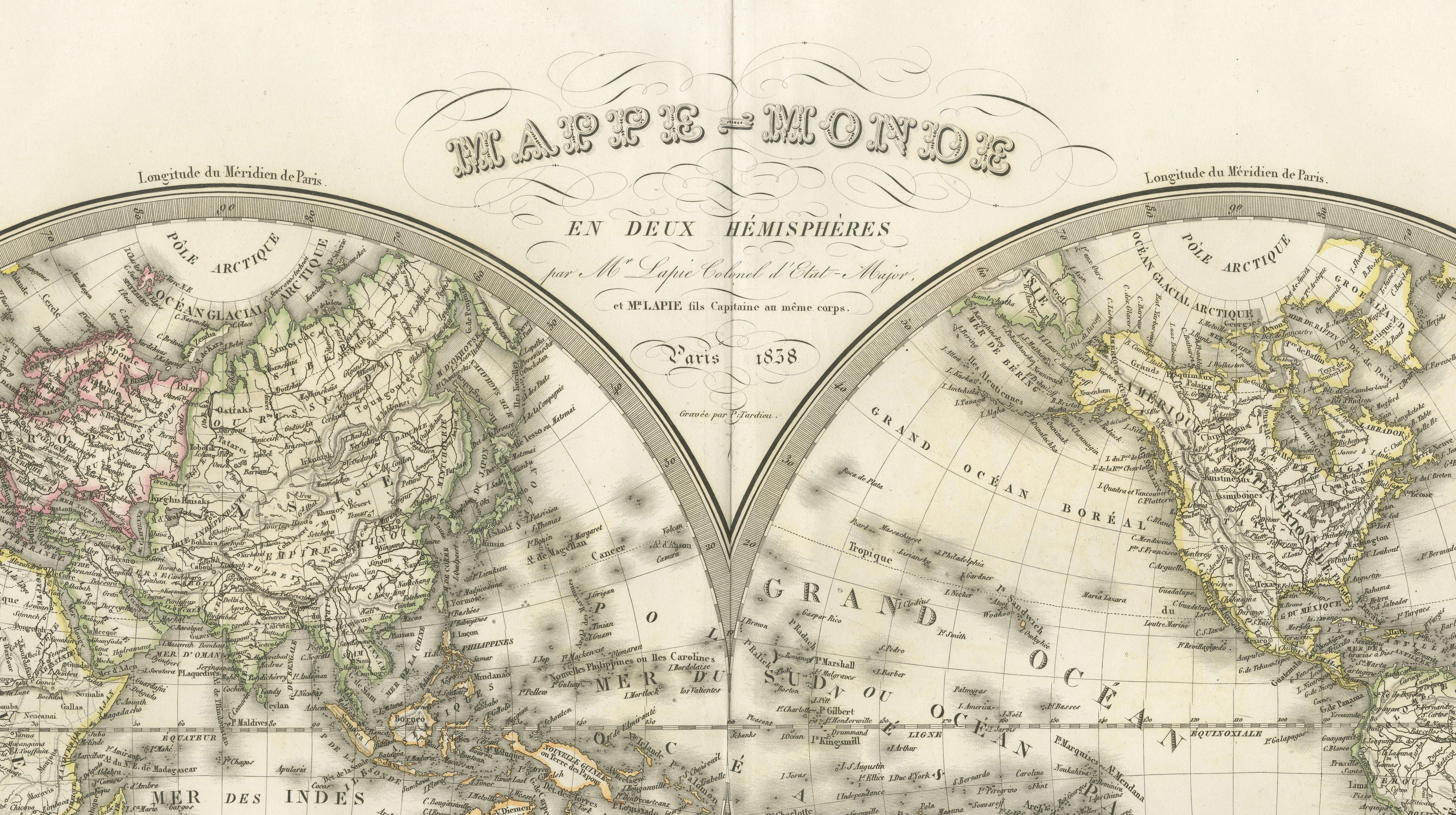 Antique Double Hemisphere World Map – Lapie, Paris, 1838