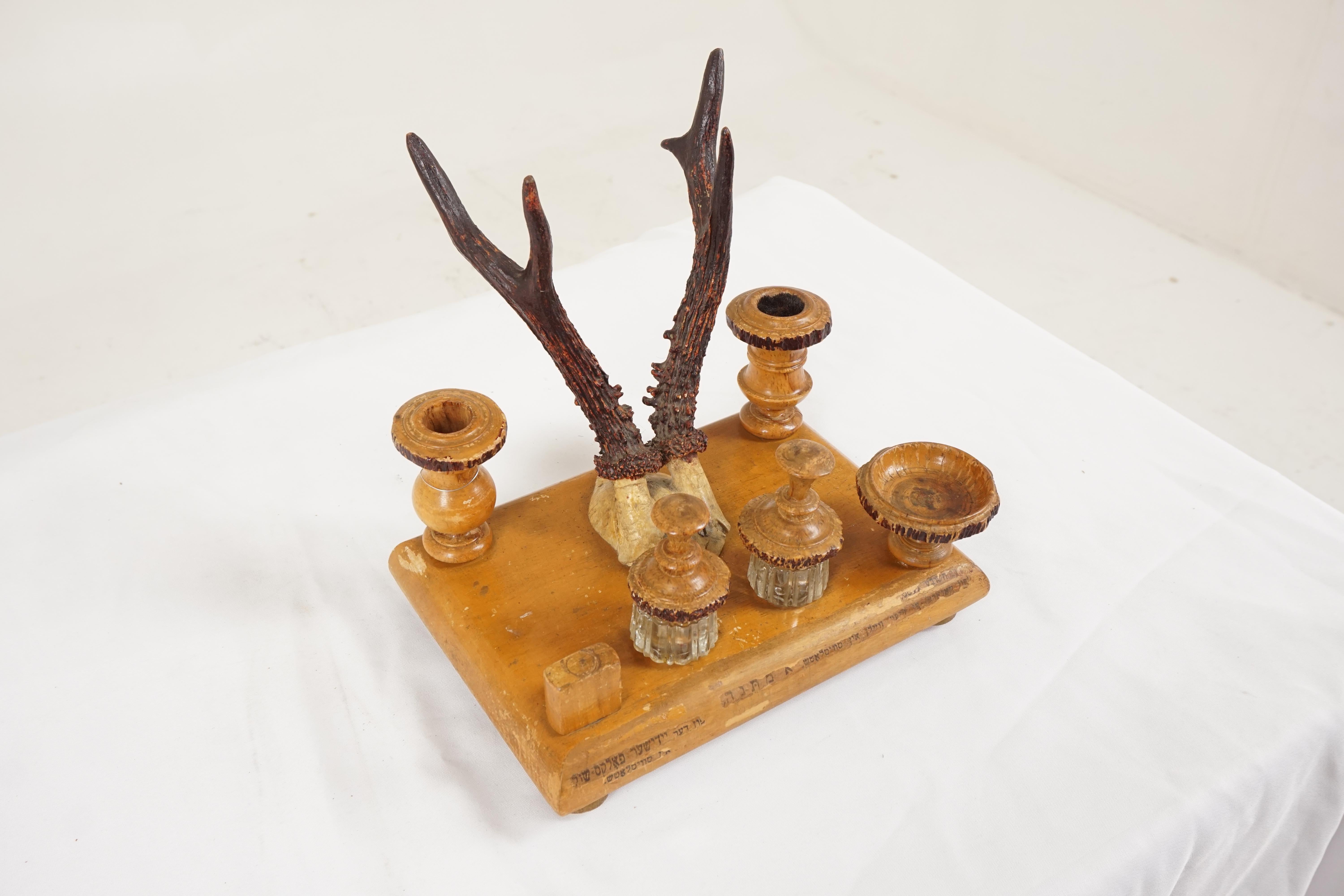 Asian Antique Double Inkstand, Carved Wood And Antlers, Middle Eastern 1930 For Sale