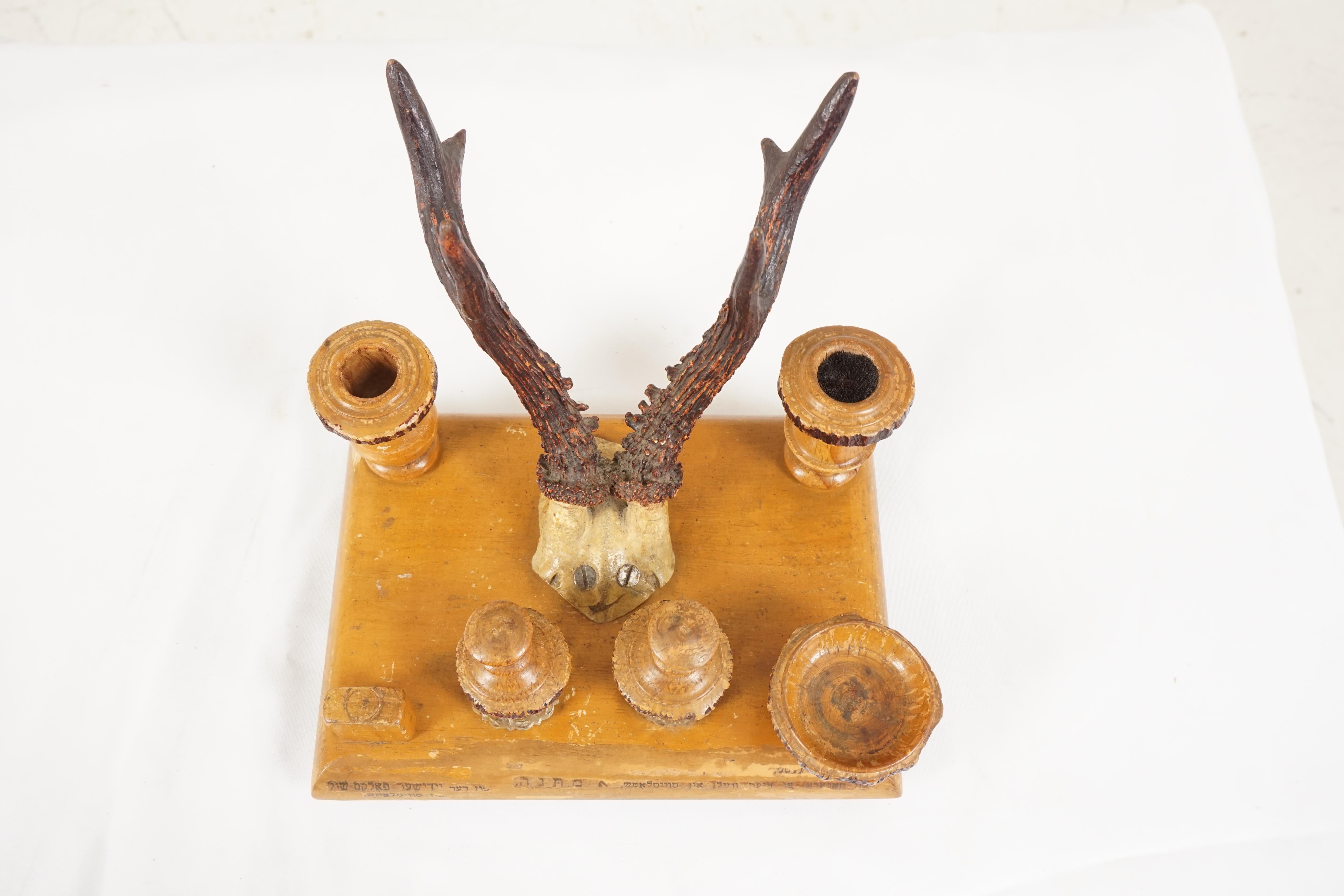 Hand-Crafted Antique Double Inkstand, Carved Wood And Antlers, Middle Eastern 1930 For Sale