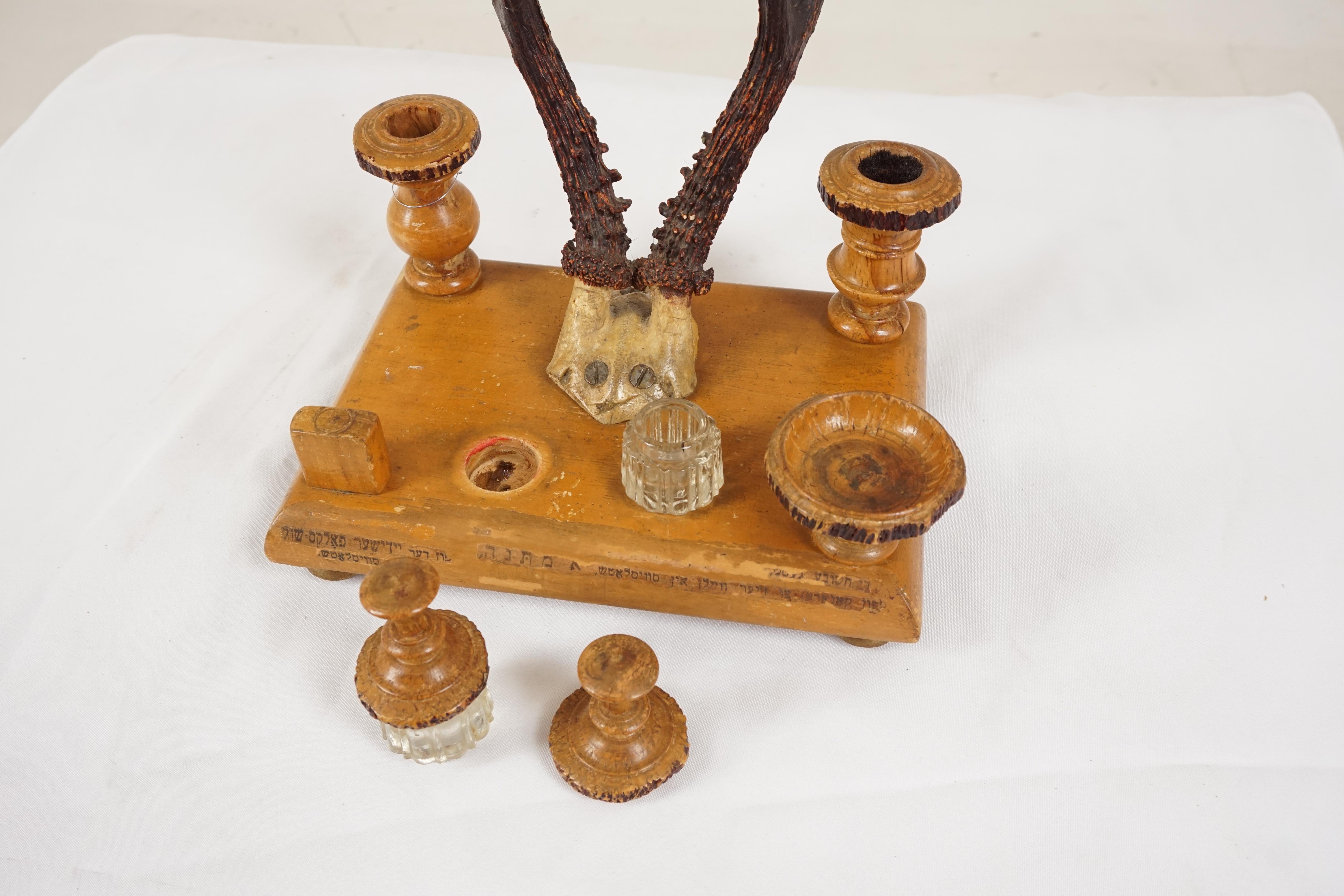 Antique Double Inkstand, Carved Wood And Antlers, Middle Eastern 1930 In Good Condition For Sale In Vancouver, BC