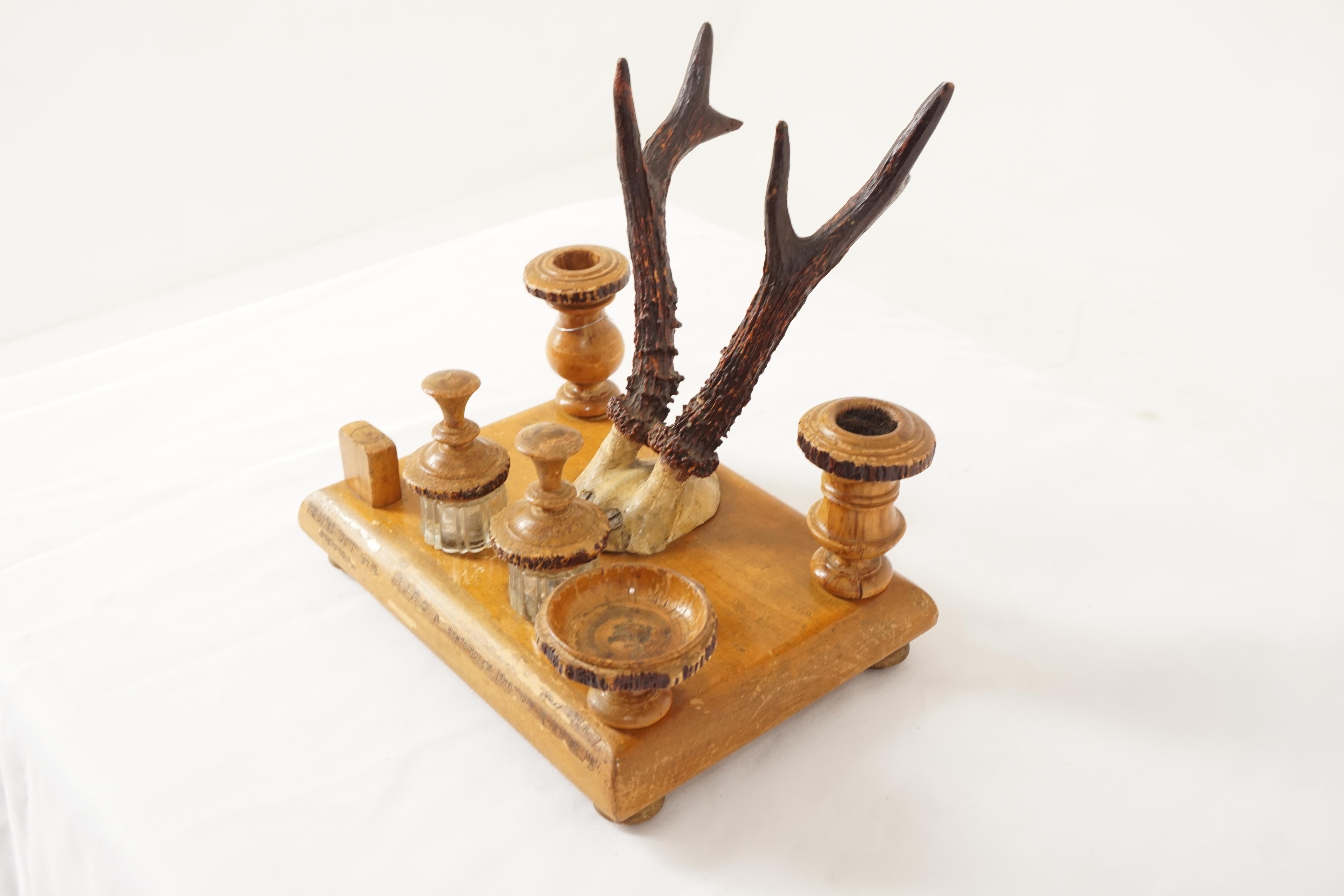 Antique Double Inkstand, Carved Wood And Antlers, Middle Eastern 1930 For Sale 1