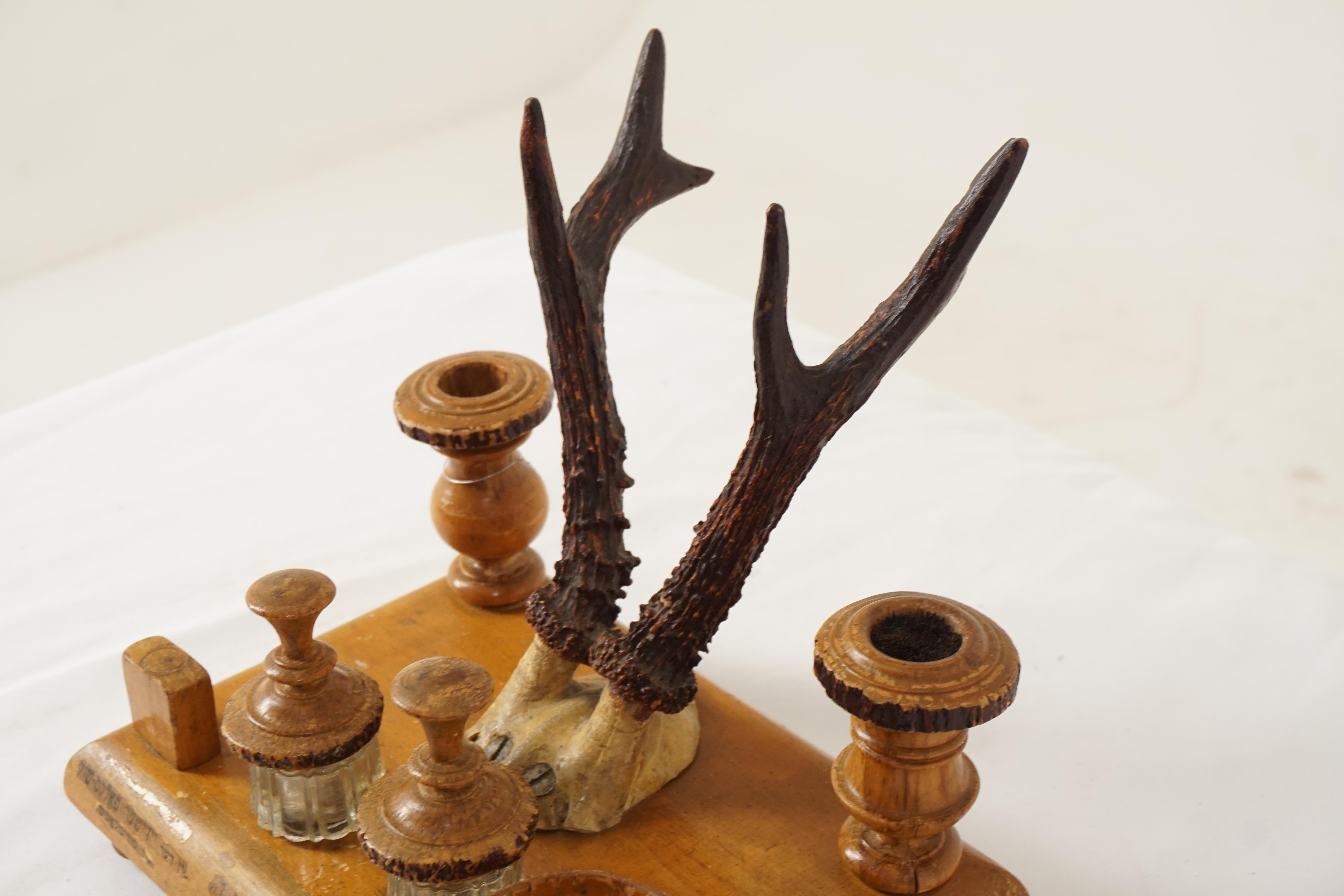 Antique Double Inkstand, Carved Wood And Antlers, Middle Eastern 1930 For Sale 2