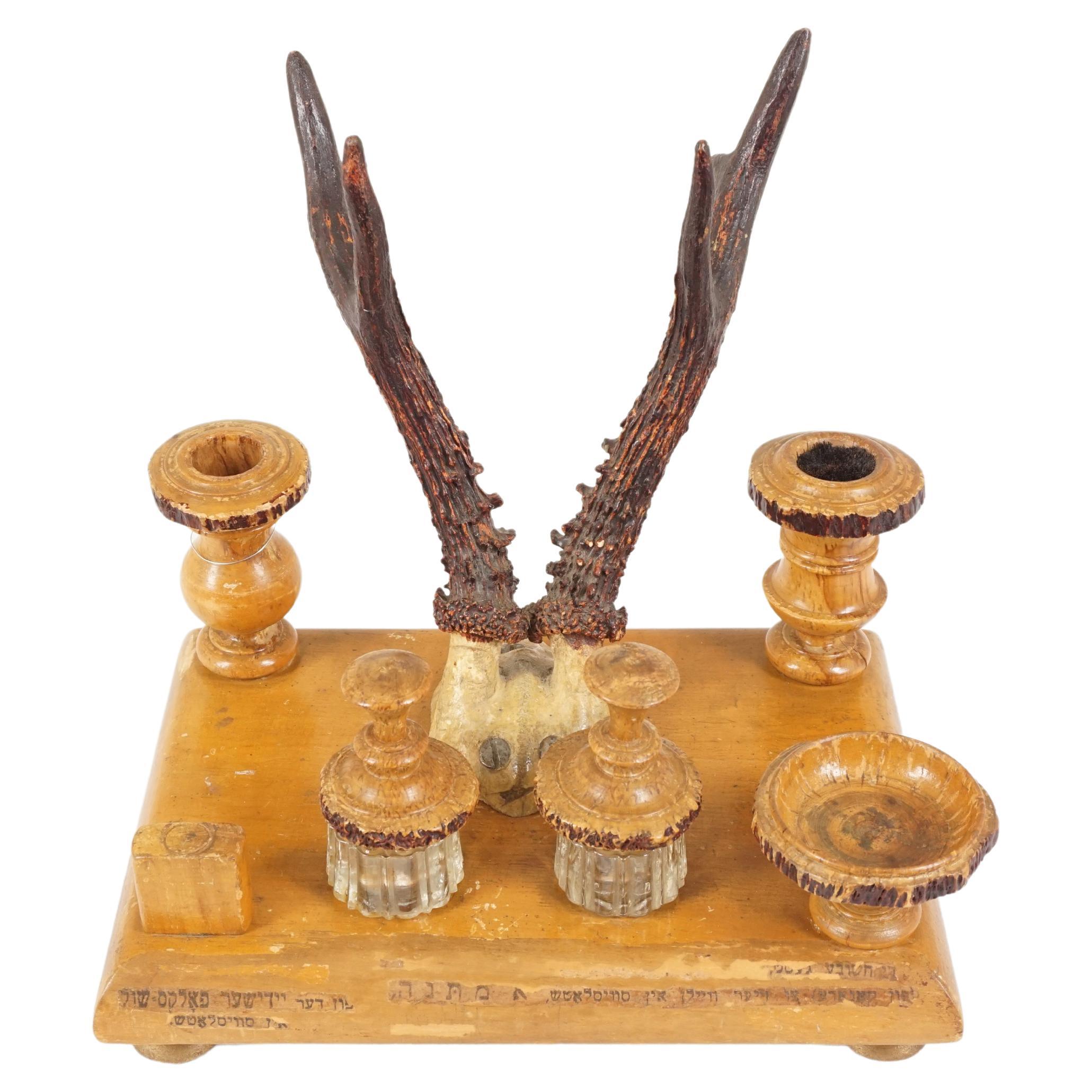 Antique Double Inkstand, Carved Wood And Antlers, Middle Eastern 1930 For Sale