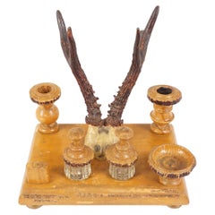 Vintage Double Inkstand, Carved Wood And Antlers, Middle Eastern 1930