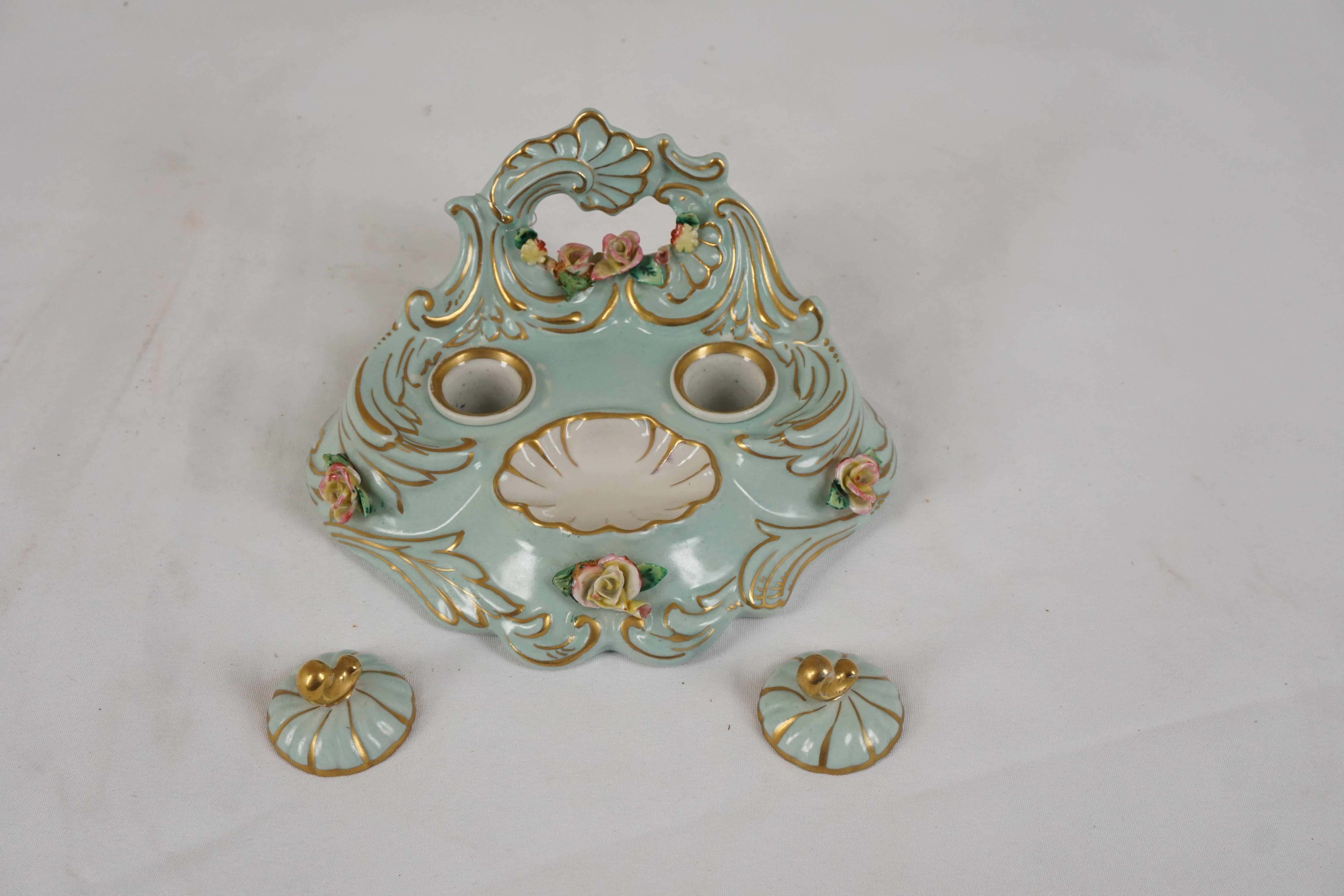 Antico calamaio doppio, blu Linage e dorato, Francia, 1900, H565 In condizioni buone in vendita a Vancouver, BC