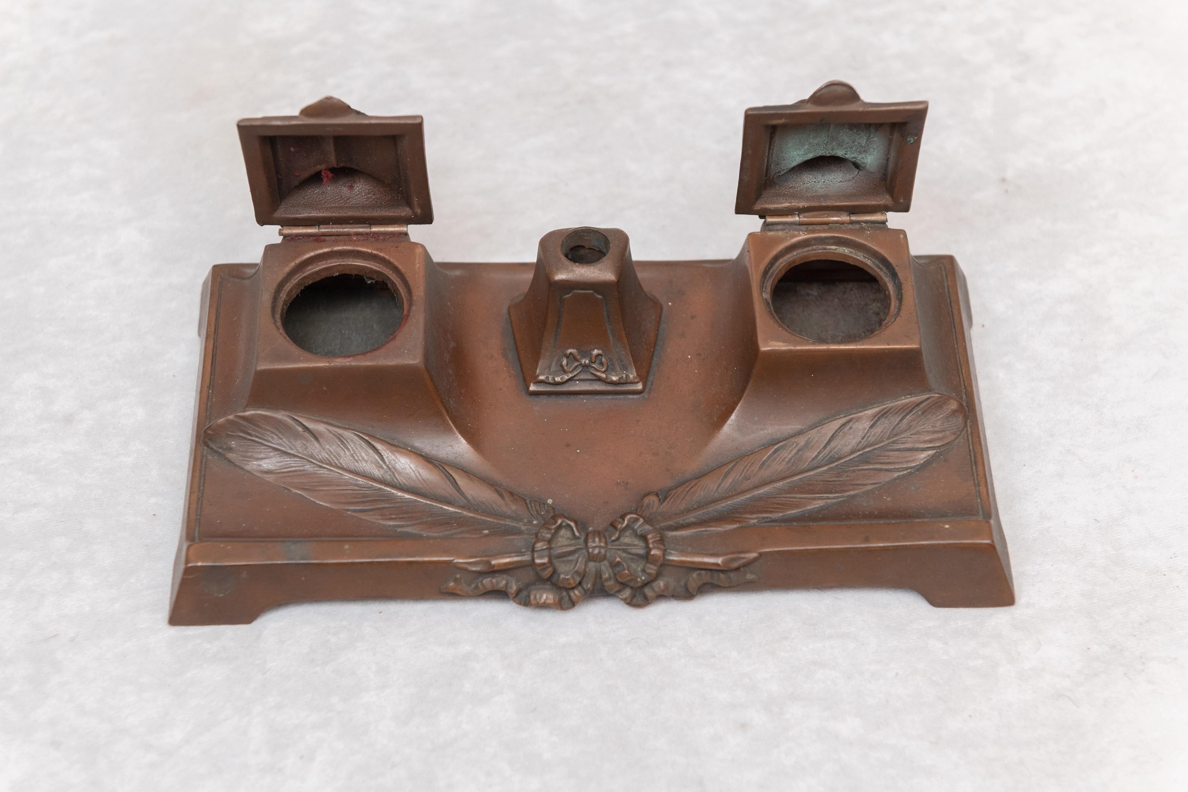 American Craftsman Antique Double Inkwell with Owls, circa 1920